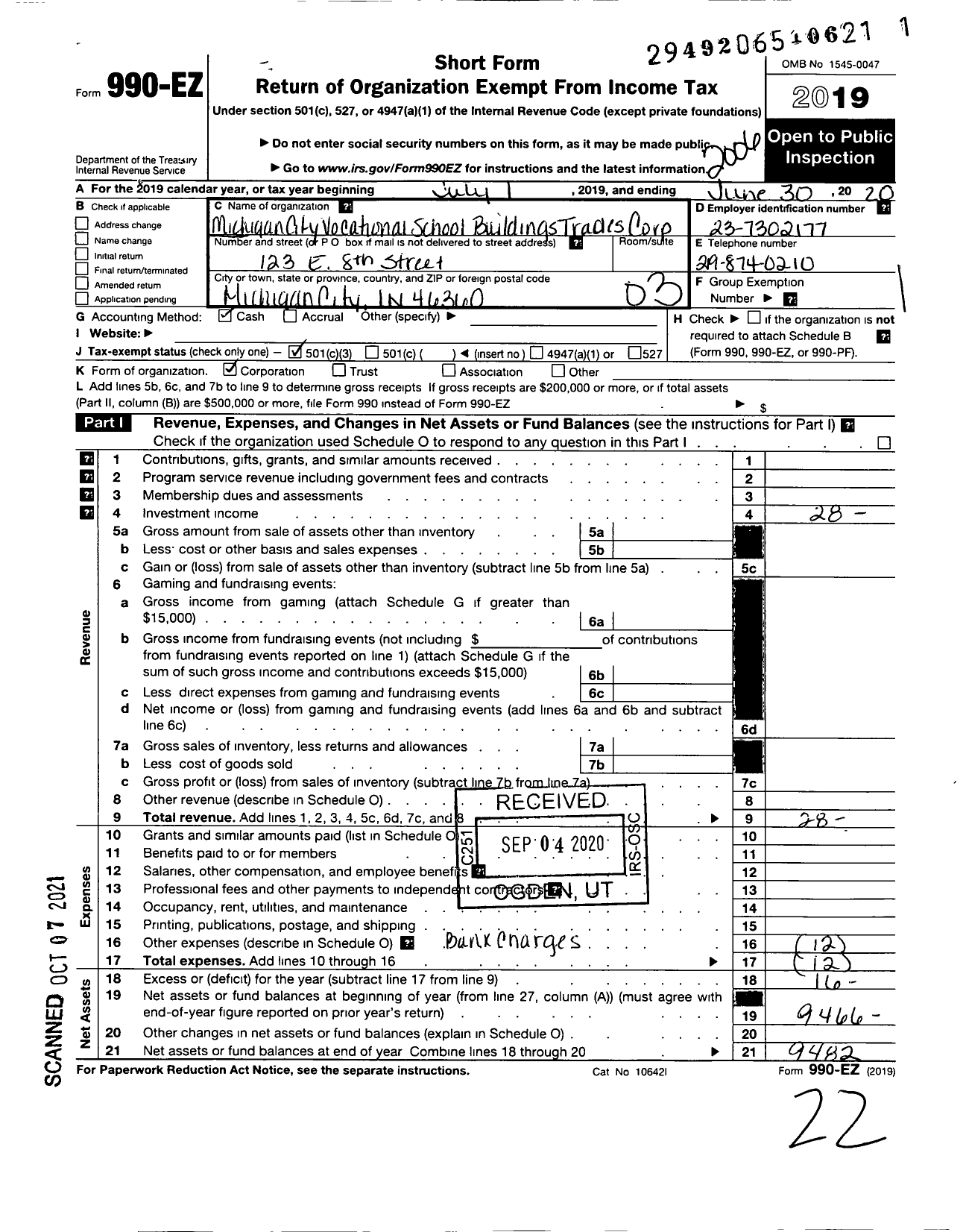 Image of first page of 2019 Form 990EZ for Michigan City Vocational School Building Trades Corporation
