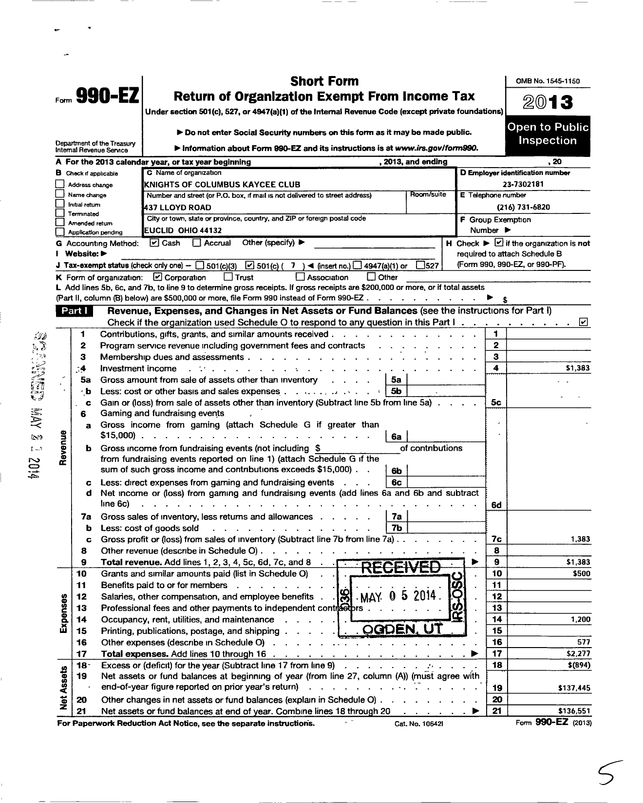 Image of first page of 2013 Form 990EO for Knights of Columbus Euclid Kaycee Club