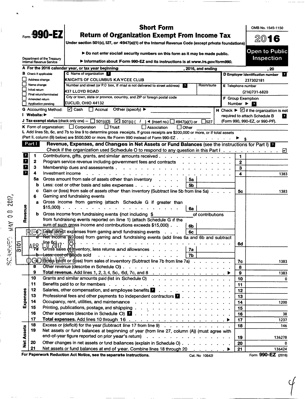 Image of first page of 2016 Form 990EO for Knights of Columbus Euclid Kaycee Club