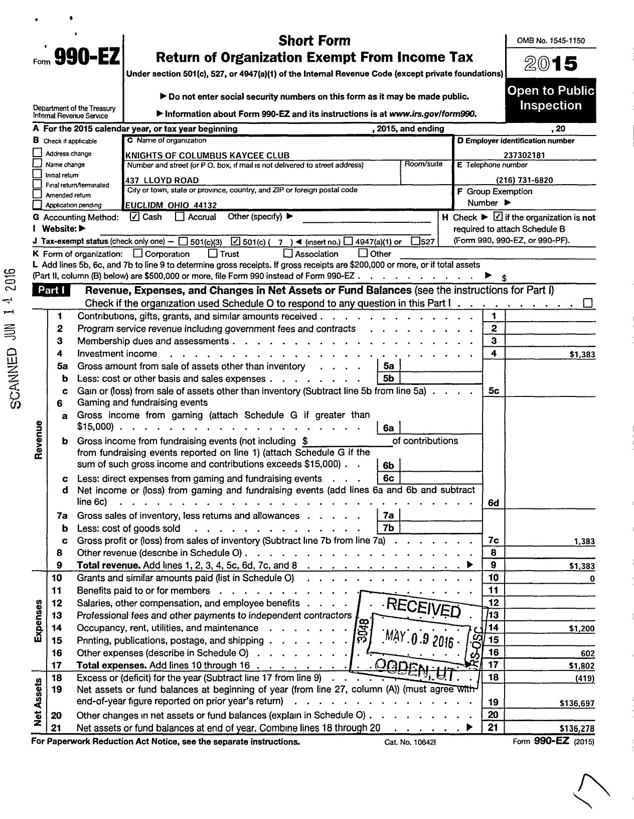 Image of first page of 2015 Form 990EO for Knights of Columbus Euclid Kaycee Club