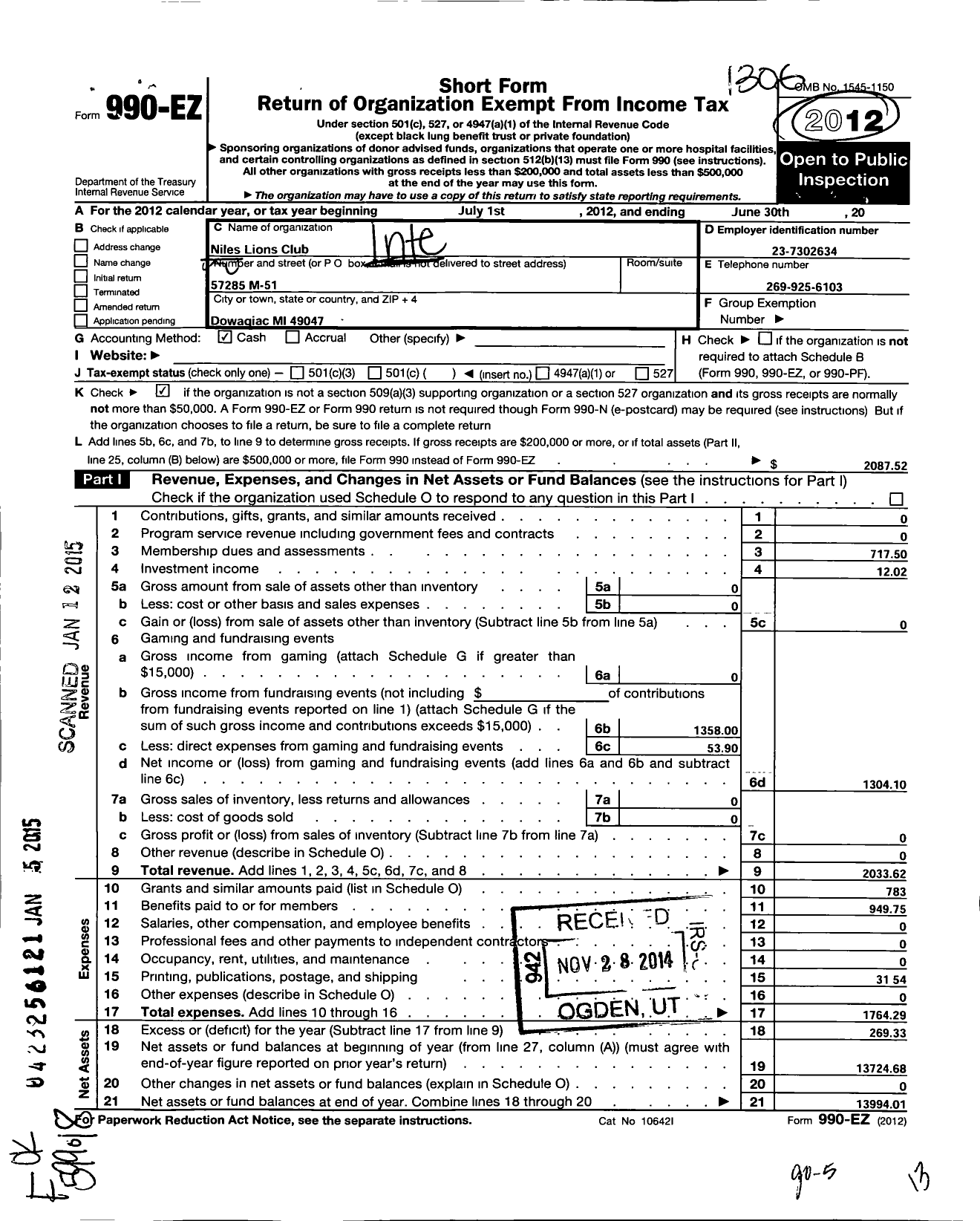 Image of first page of 2012 Form 990EO for Lions Clubs - 4633 Niles