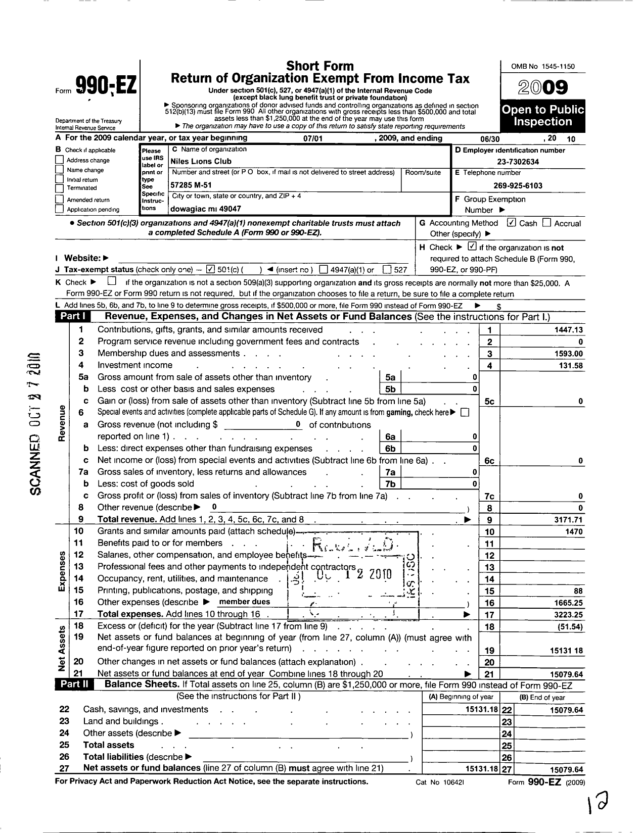 Image of first page of 2009 Form 990EO for Lions Clubs - 4633 Niles