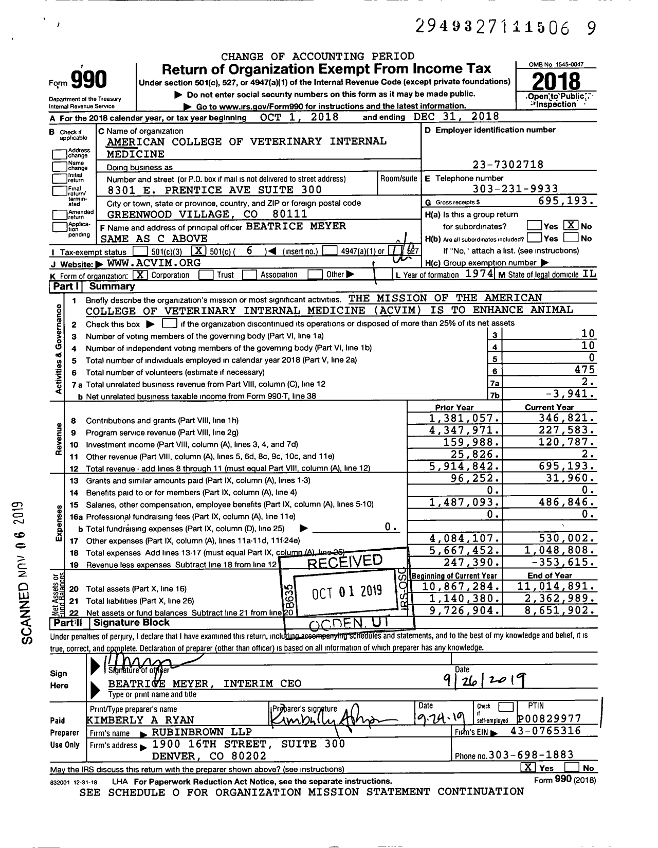 Image of first page of 2018 Form 990O for American College of Veterinary Internal Medicine