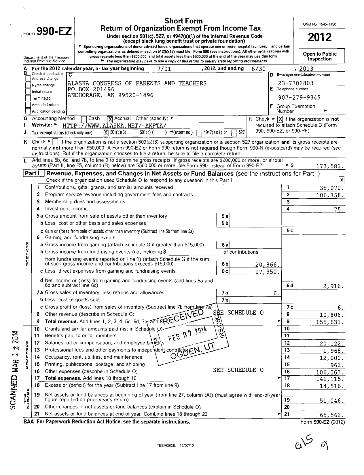 Image of first page of 2012 Form 990EZ for Alaska PTA