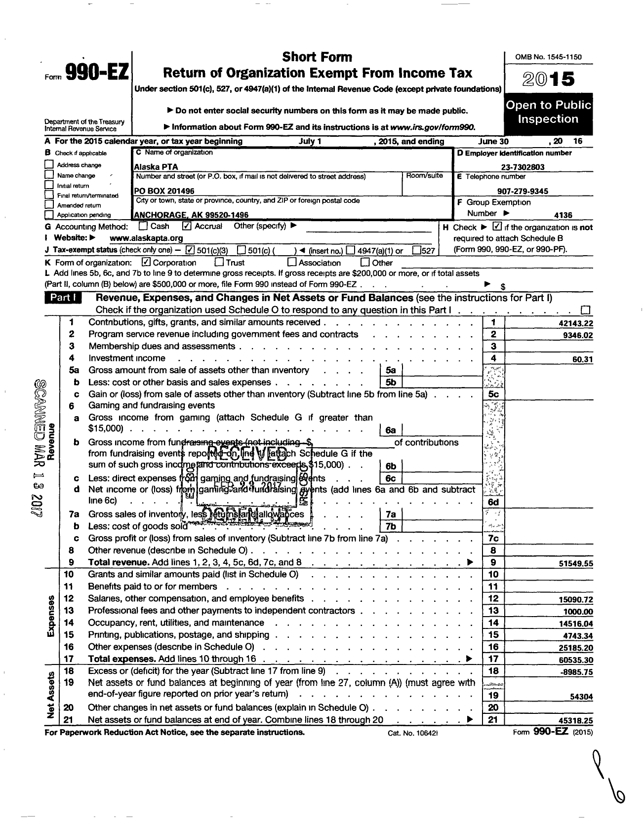 Image of first page of 2015 Form 990EZ for Alaska PTA