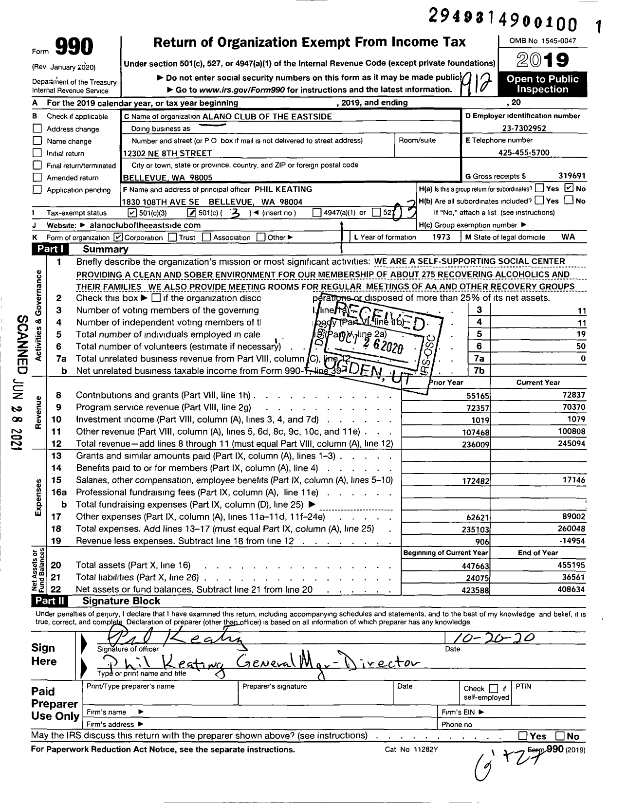 Image of first page of 2019 Form 990 for Alano Club of the Eastside