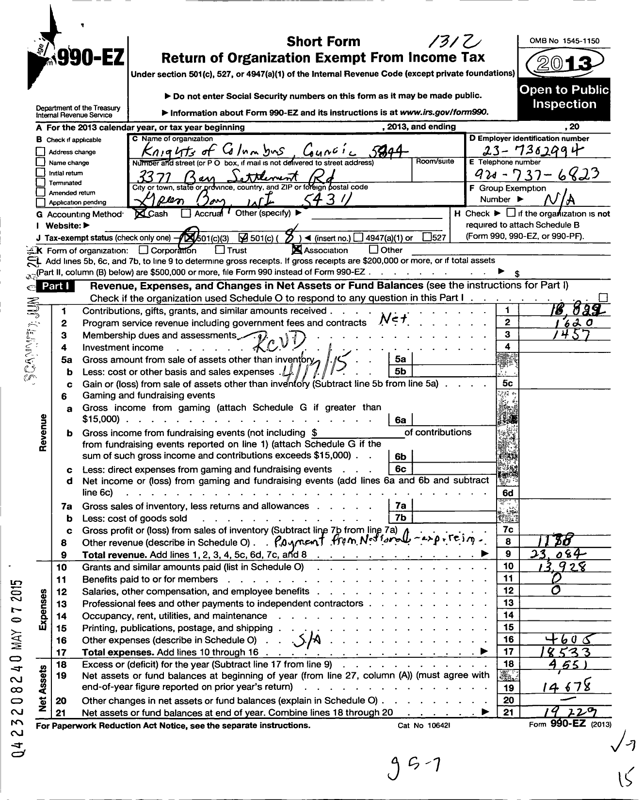 Image of first page of 2013 Form 990EO for Knights of Columbus - 5844 Luxemburg Council