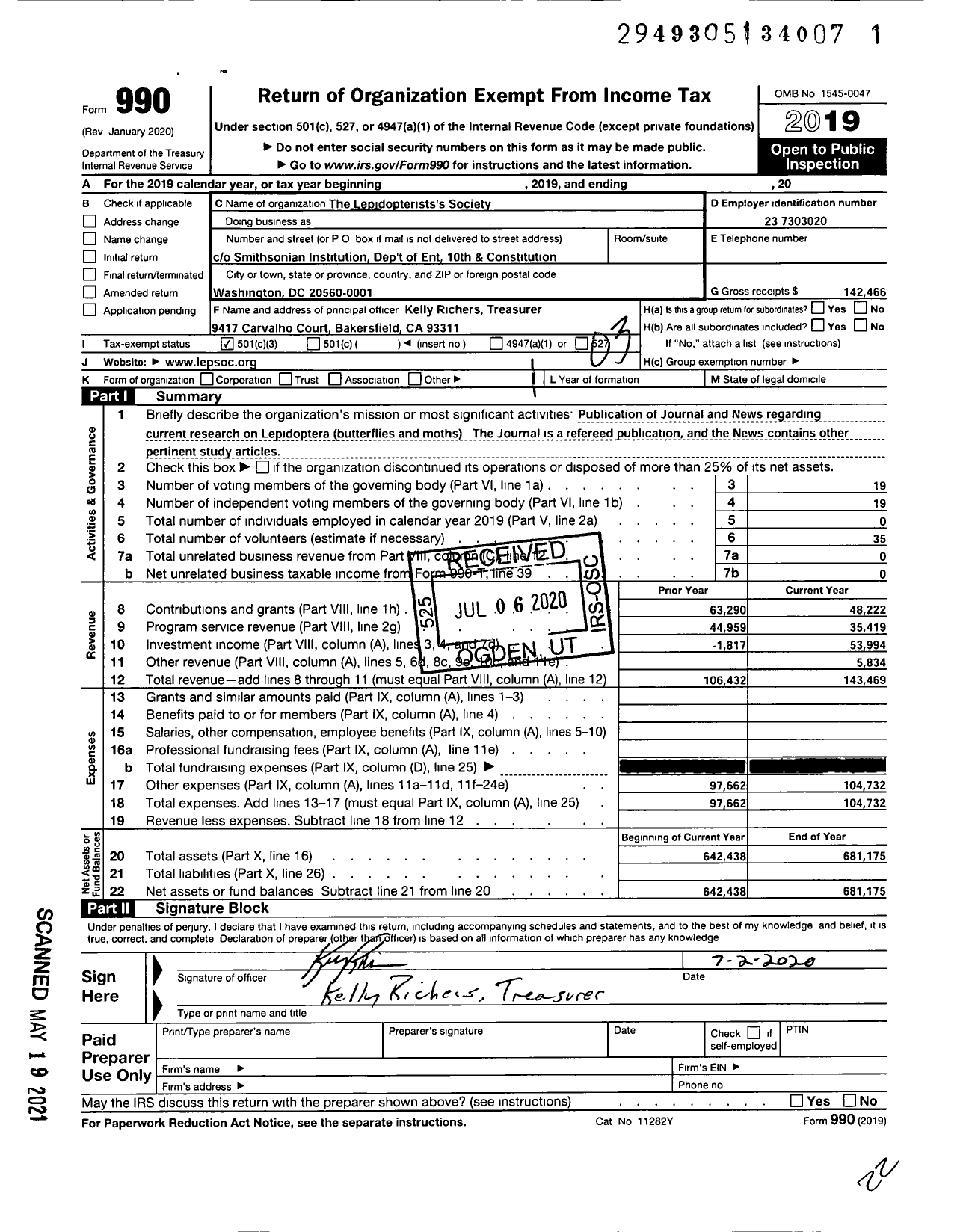 Image of first page of 2019 Form 990 for Lepidopterists Society