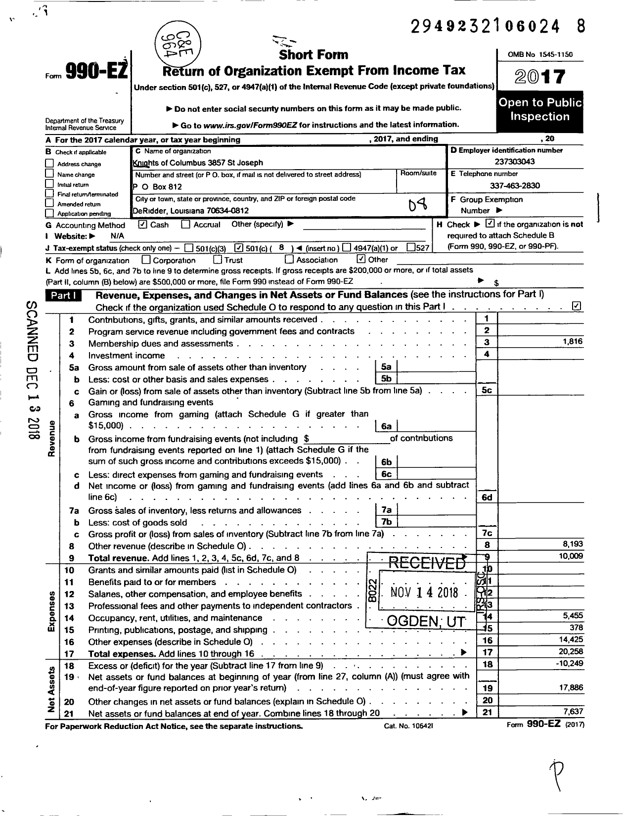 Image of first page of 2017 Form 990EO for Knights of Columbus - 3857 St Joseph Council