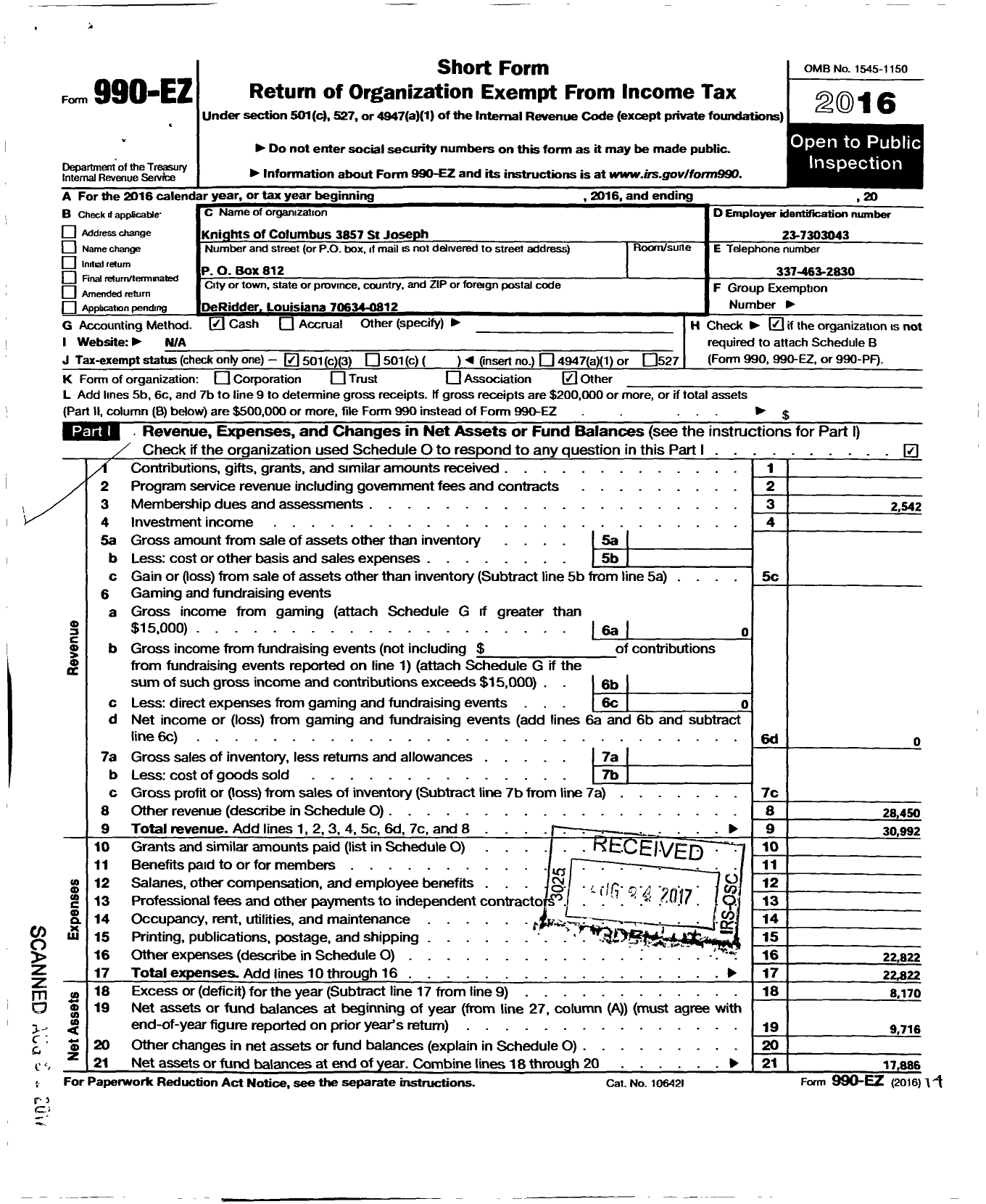 Image of first page of 2016 Form 990EZ for Knights of Columbus - 3857 St Joseph Council