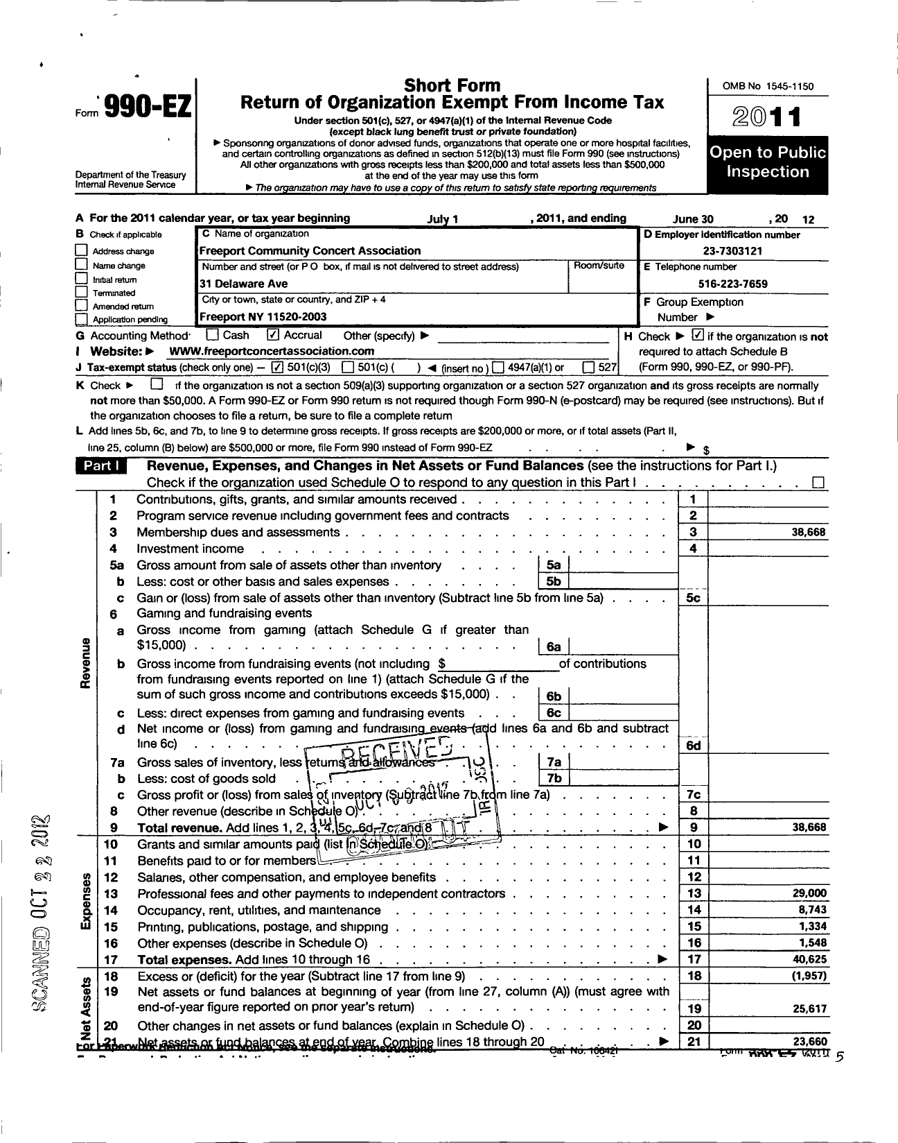 Image of first page of 2011 Form 990EZ for Freeport Community Concert Association