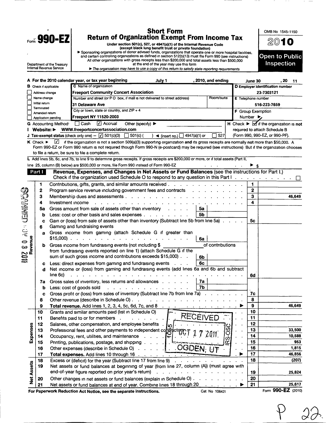 Image of first page of 2010 Form 990EZ for Freeport Community Concert Association