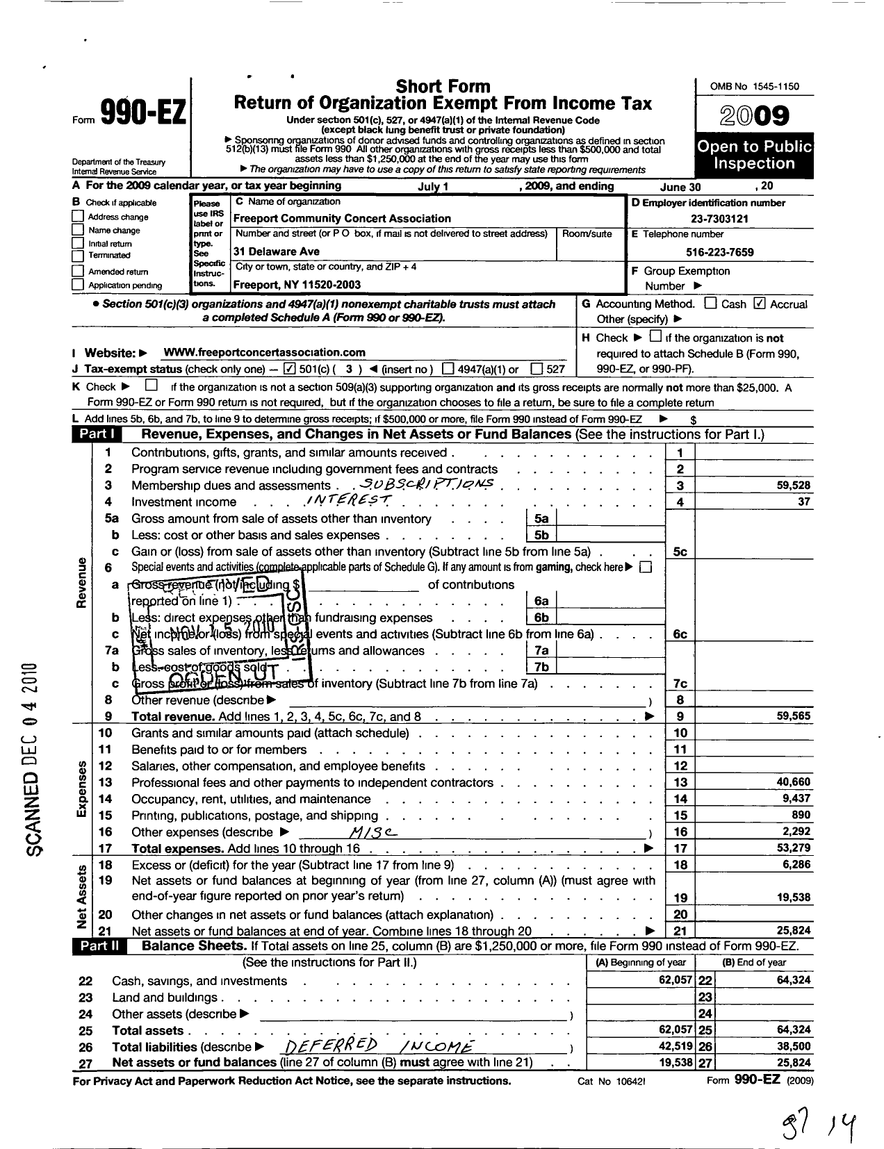 Image of first page of 2009 Form 990EZ for Freeport Community Concert Association