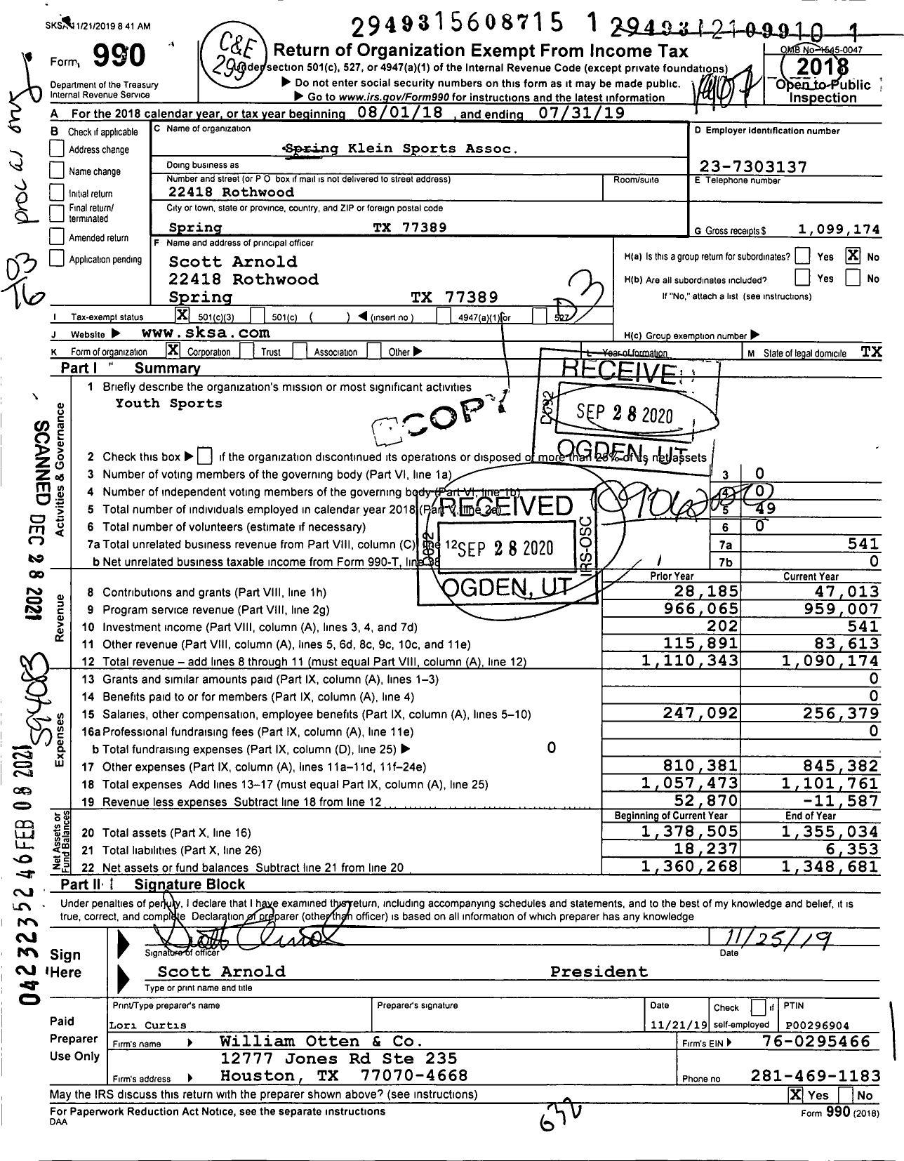 Image of first page of 2018 Form 990 for Spring Klein Sports Association