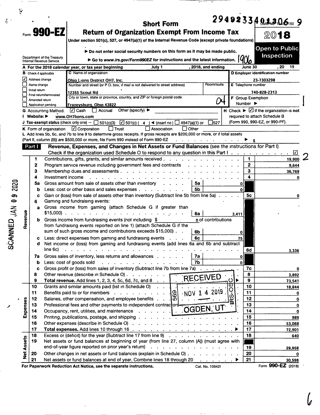 Image of first page of 2018 Form 990EO for Lions Clubs - Ohio Lions District Oh7