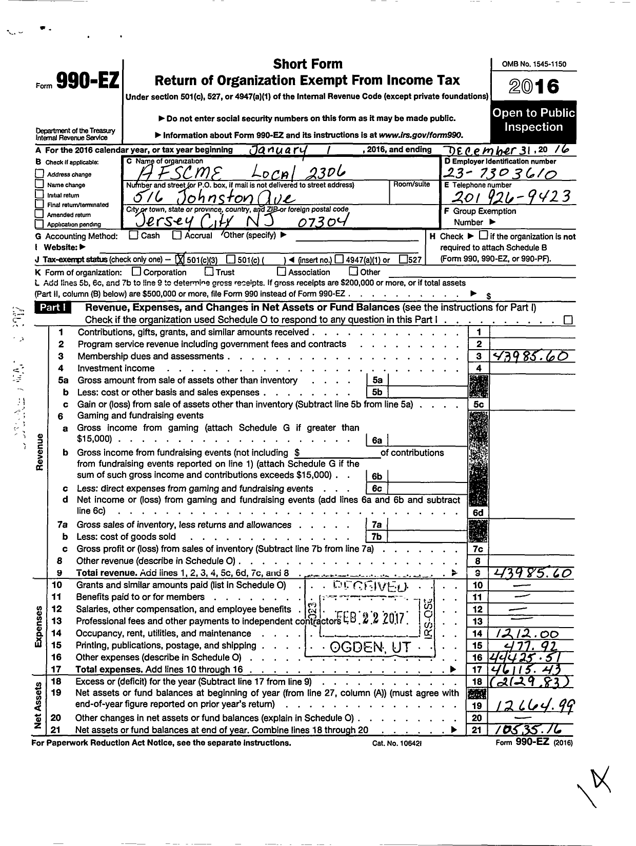 Image of first page of 2016 Form 990EZ for American Federation of State County & Municipal Employees - 2306 NJ Loc Hudson Co NJ Welfare Wo