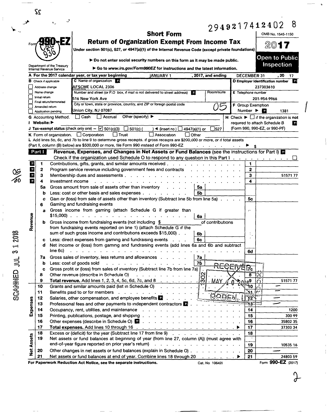 Image of first page of 2017 Form 990EO for American Federation of State County & Municipal Employees - 2306 NJ Loc Hudson Co NJ Welfare Wo