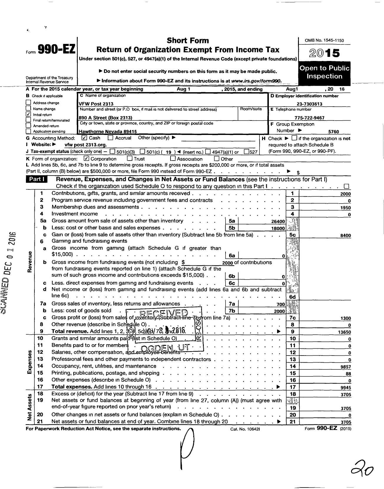 Image of first page of 2015 Form 990EO for Department of Nevada Veterans of Foreigh Wars of the U S - 2313 John Franklin Shane Post