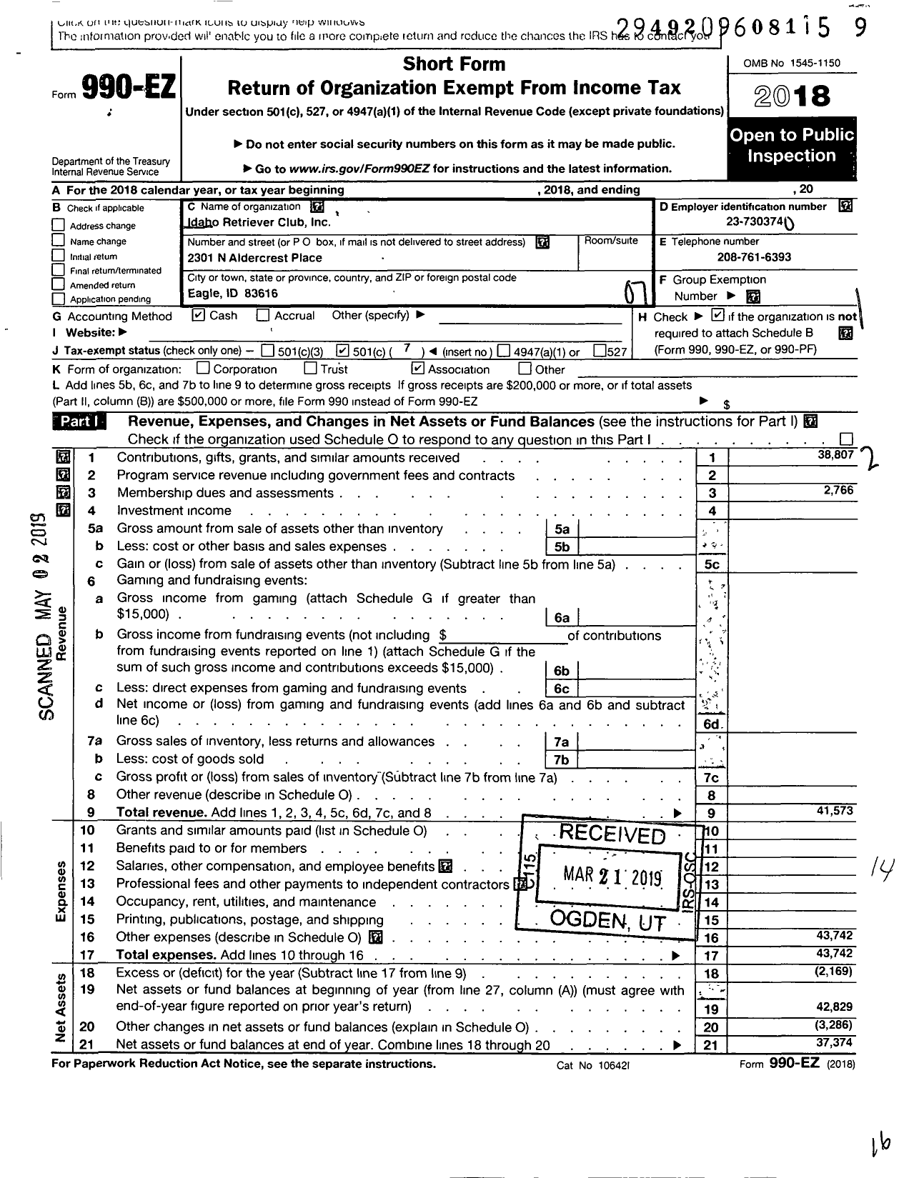 Image of first page of 2018 Form 990EO for Idaho Retriever Club