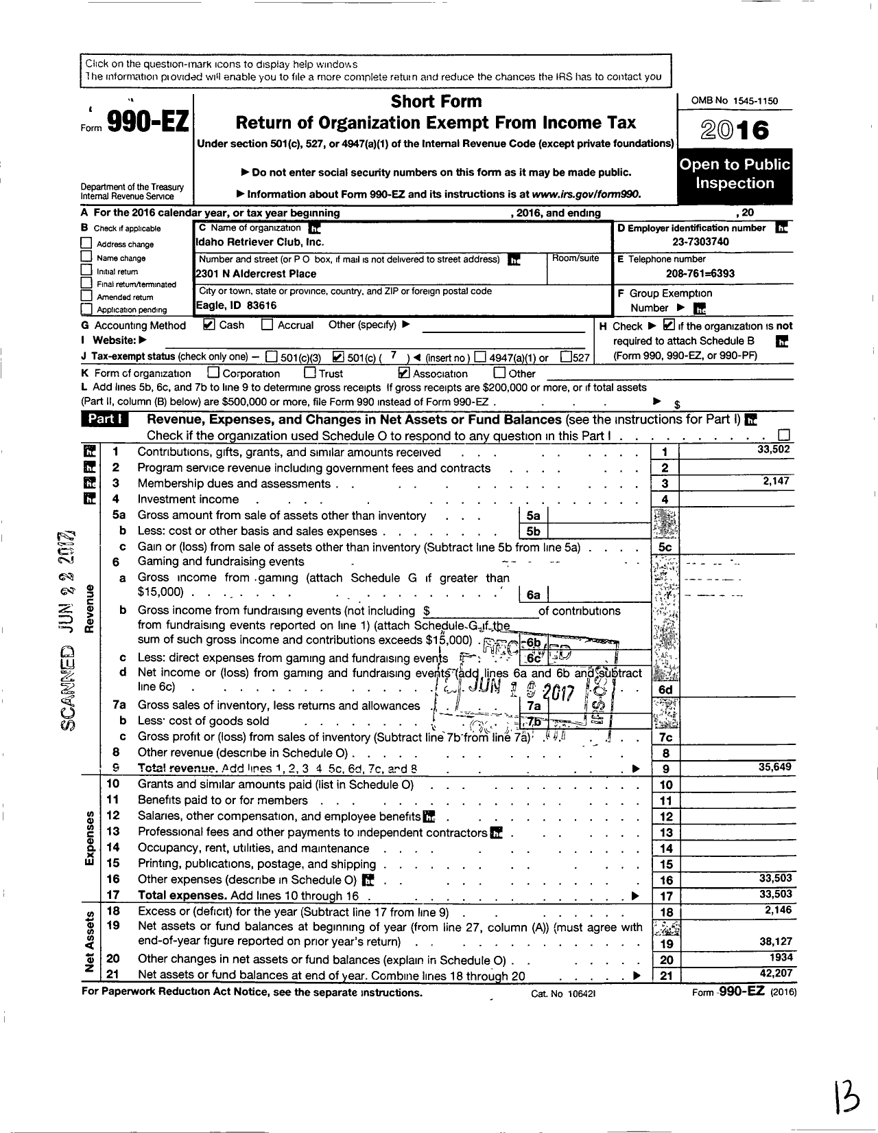 Image of first page of 2016 Form 990EO for Idaho Retriever Club