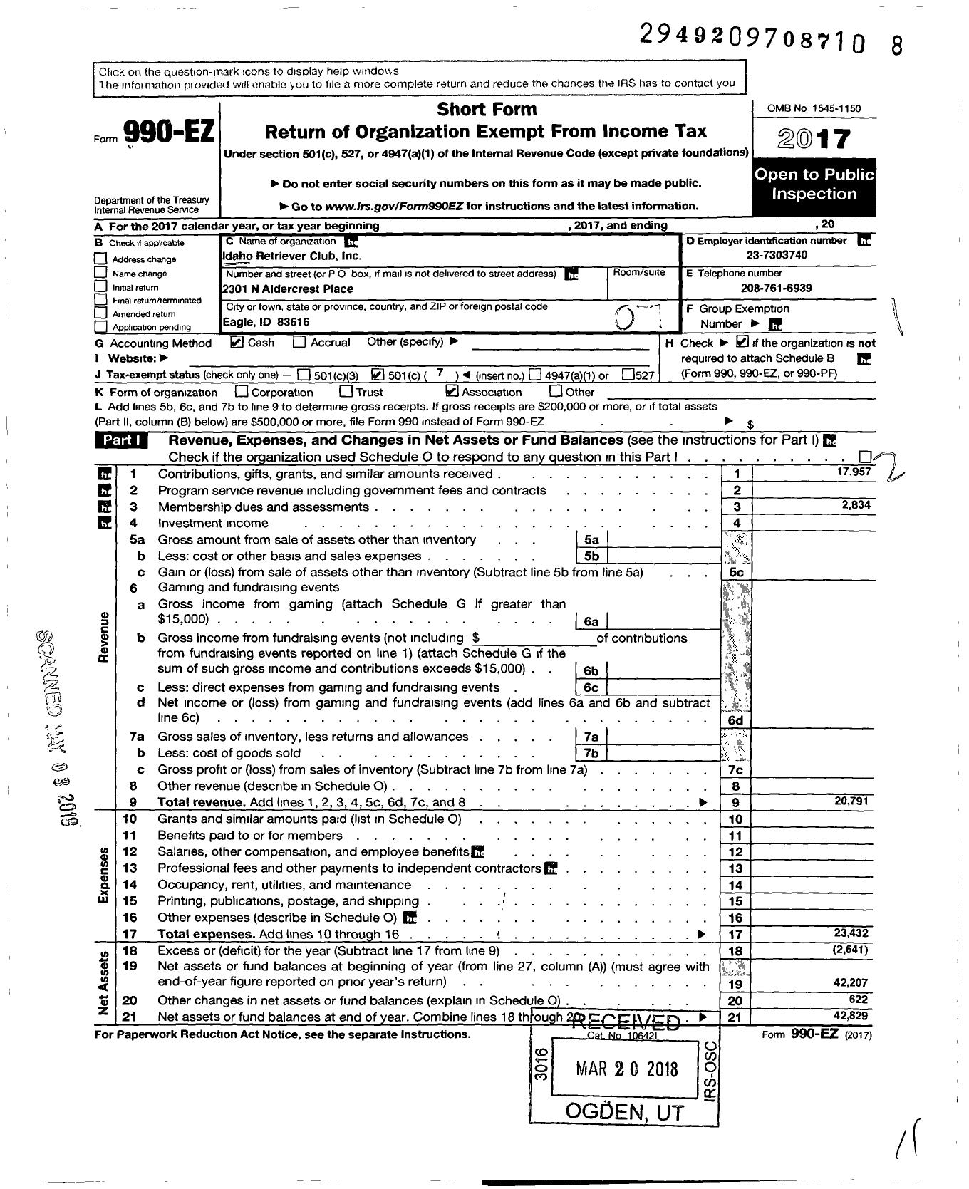 Image of first page of 2017 Form 990EO for Idaho Retriever Club