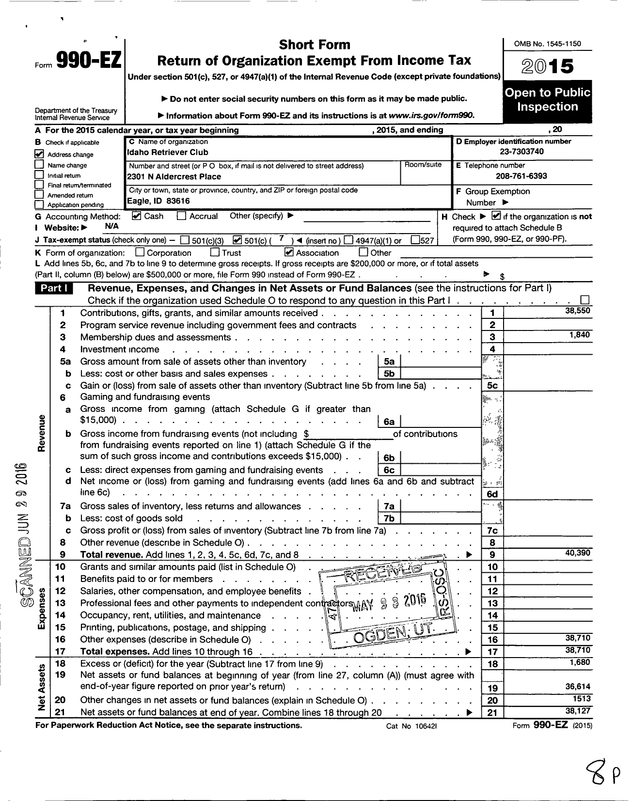 Image of first page of 2015 Form 990EO for Idaho Retriever Club