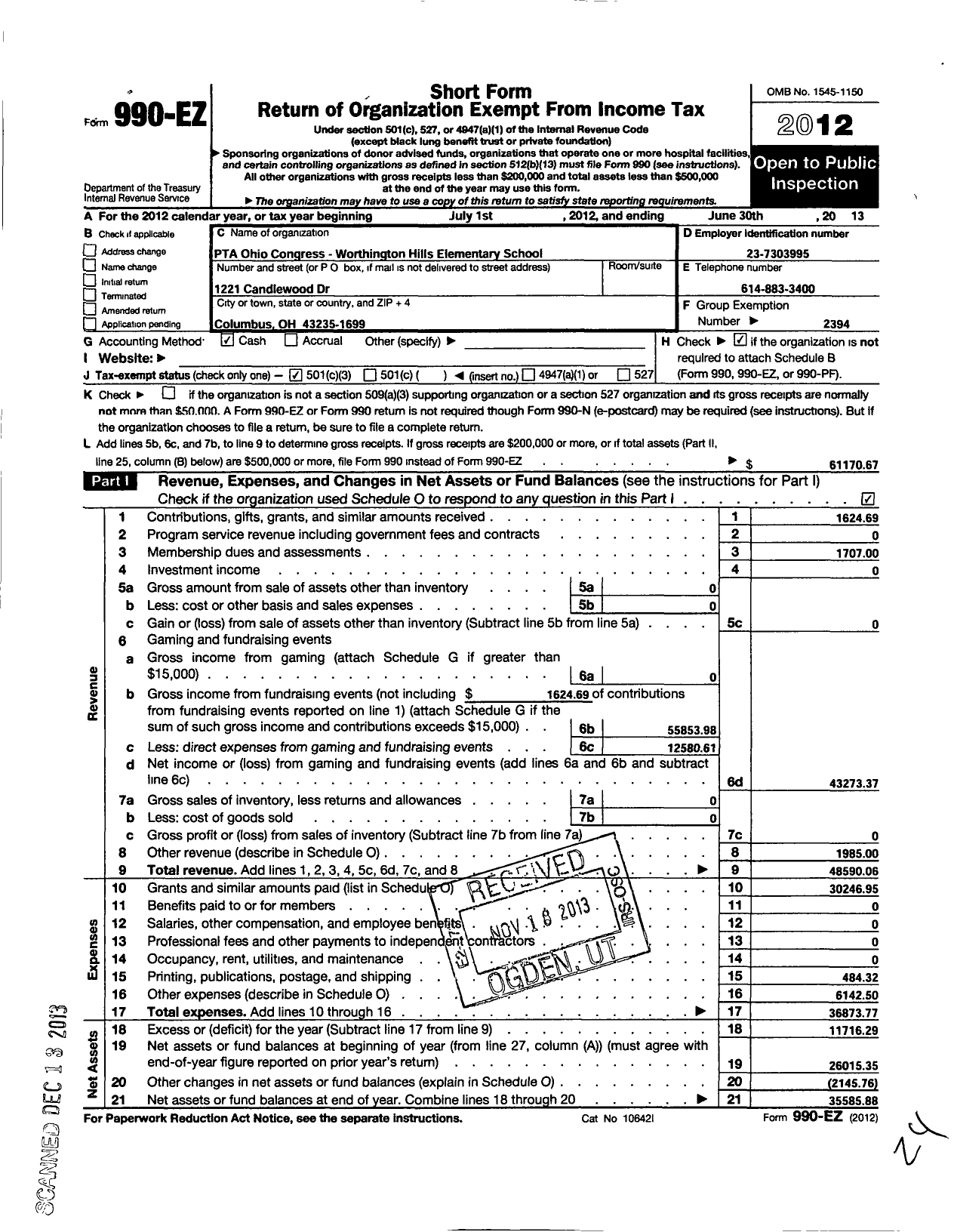 Image of first page of 2012 Form 990EZ for PTA Ohio Congress / Worthington Hills El