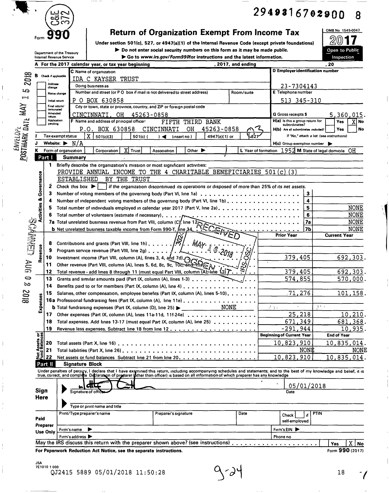 Image of first page of 2017 Form 990 for Trustee U Estate of Ida Kayser