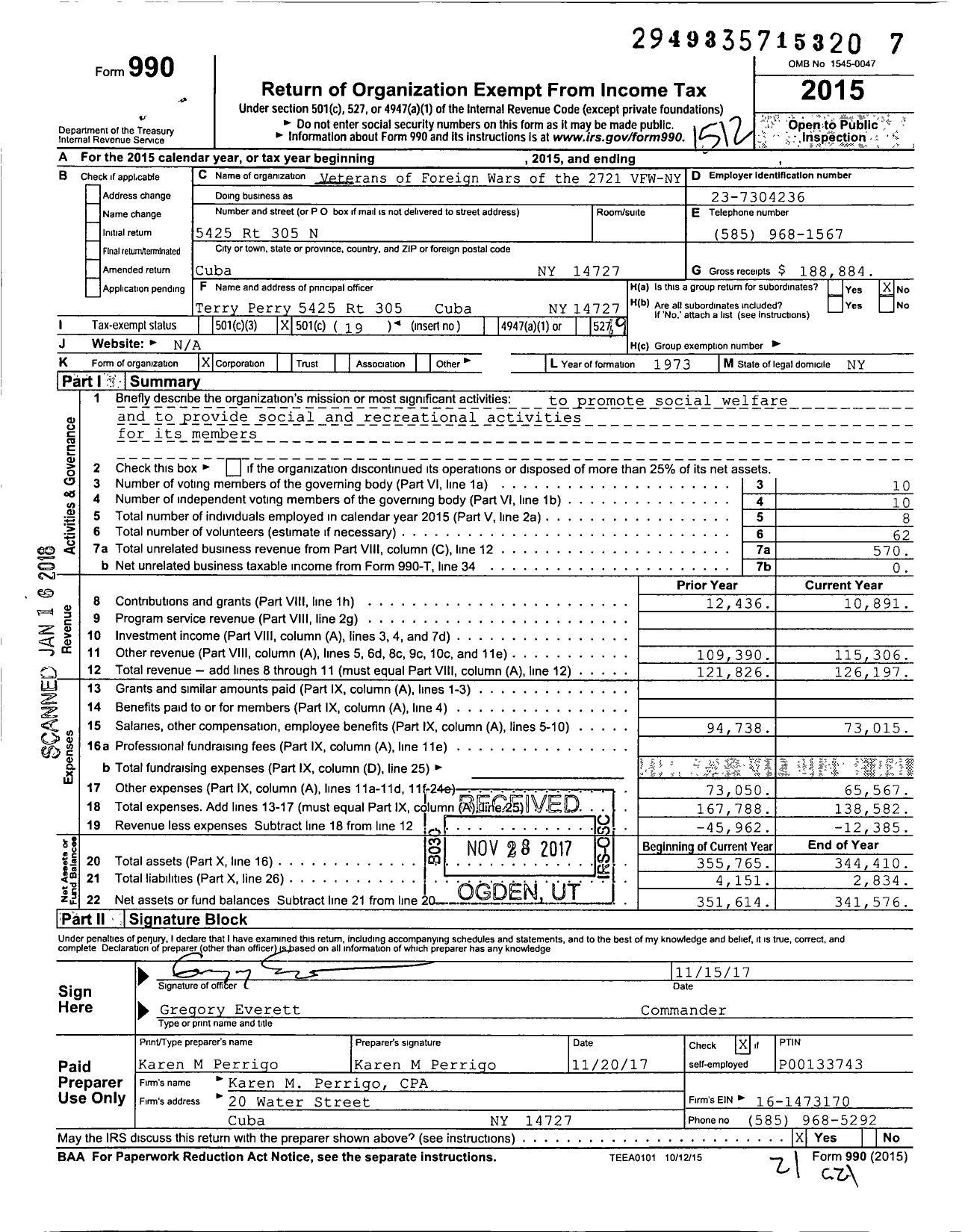 Image of first page of 2015 Form 990O for Department of Ny VFW - 2721 VFW-NY