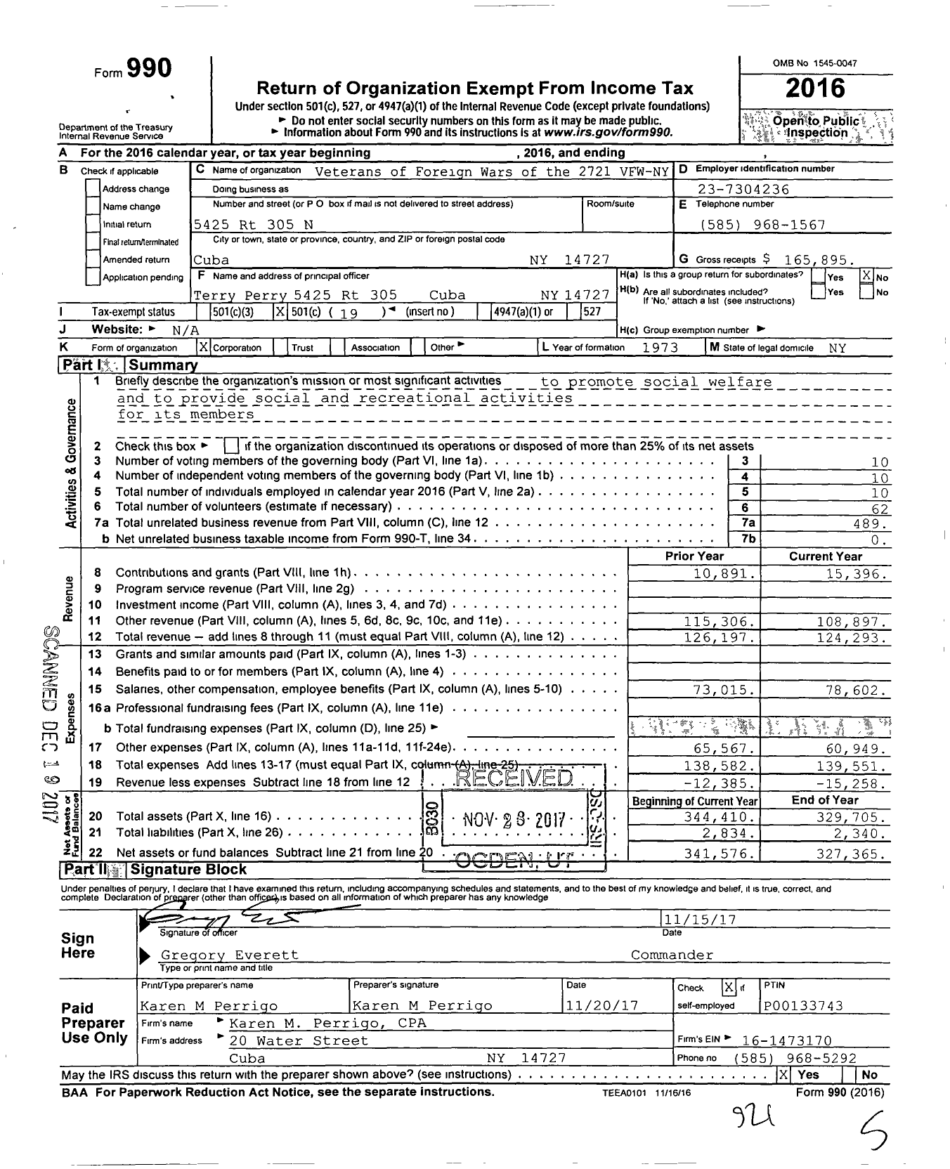 Image of first page of 2016 Form 990O for Department of Ny VFW - 2721 VFW-NY