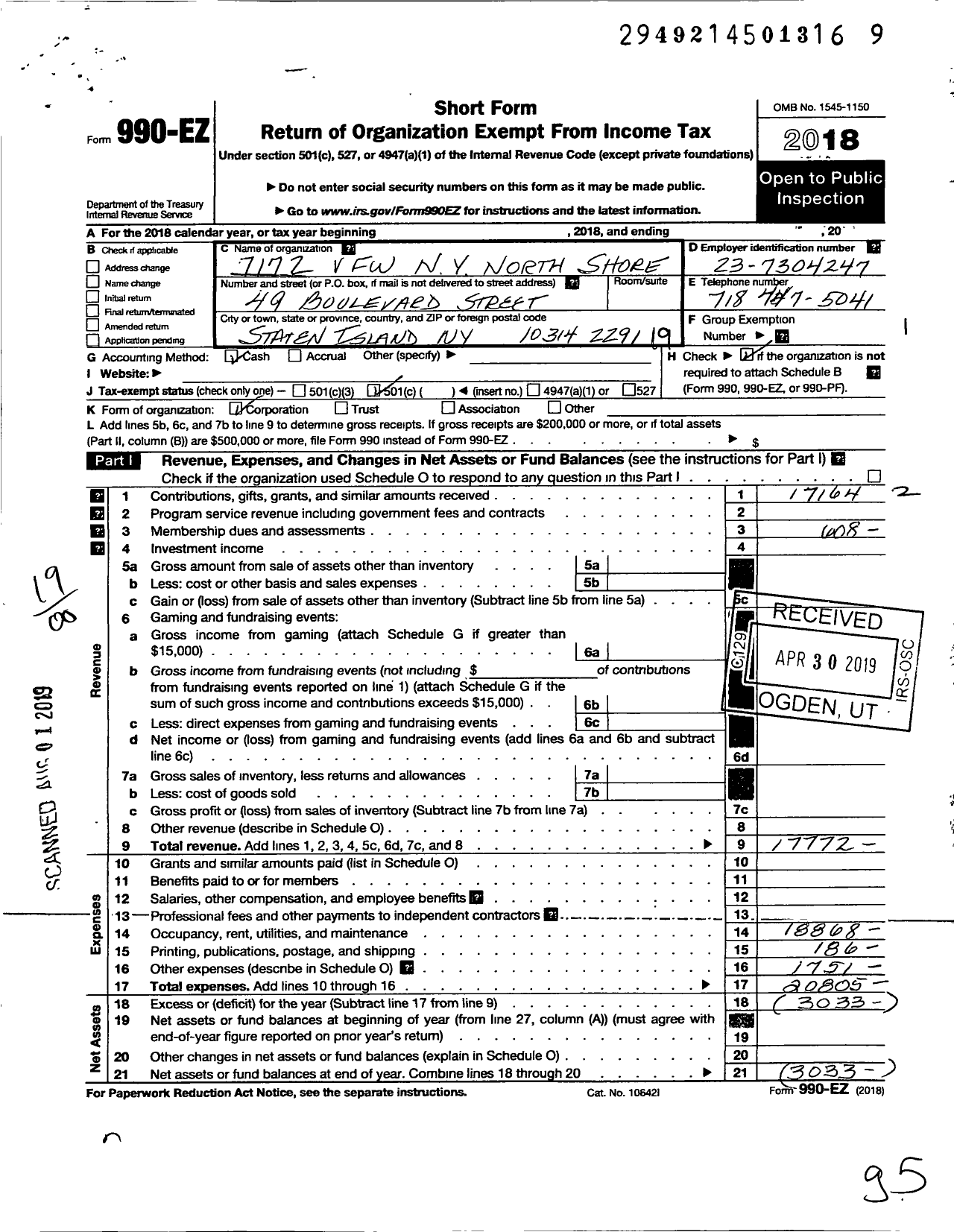 Image of first page of 2018 Form 990EO for Department of Ny VFW - 7172 Vfw-Ny North Shore
