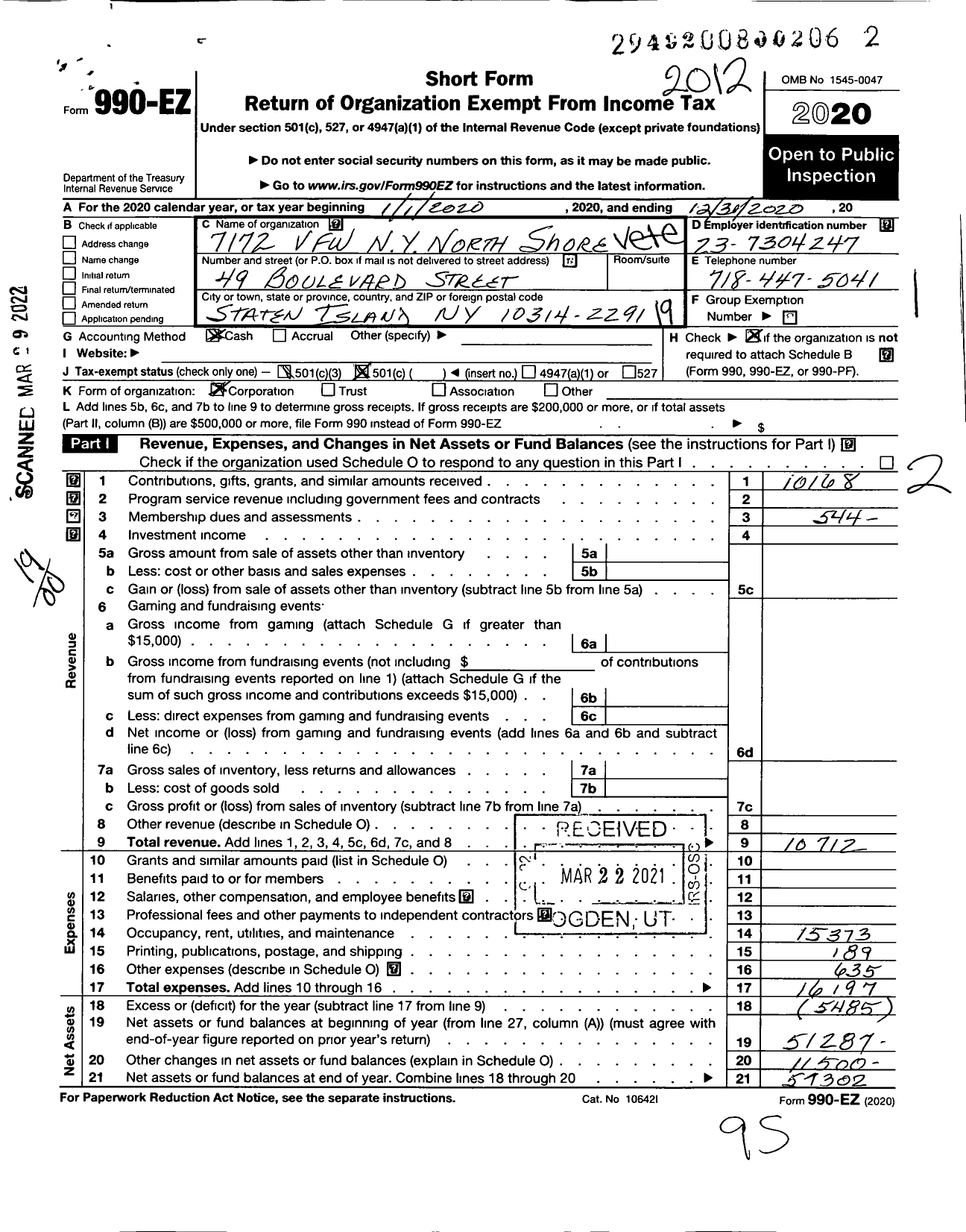 Image of first page of 2020 Form 990EO for Department of Ny VFW - 7172 Vfw-Ny North Shore