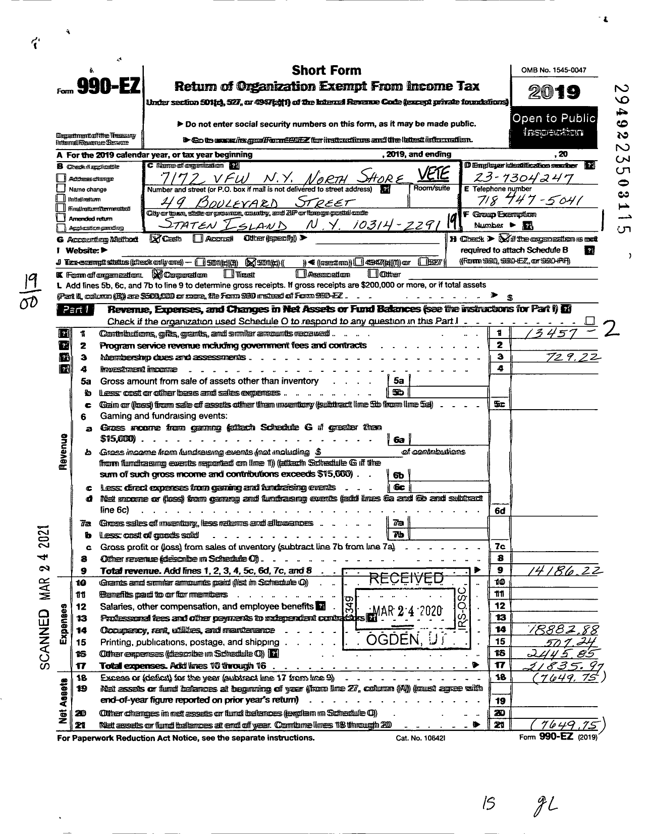 Image of first page of 2019 Form 990EO for Department of Ny VFW - 7172 Vfw-Ny North Shore