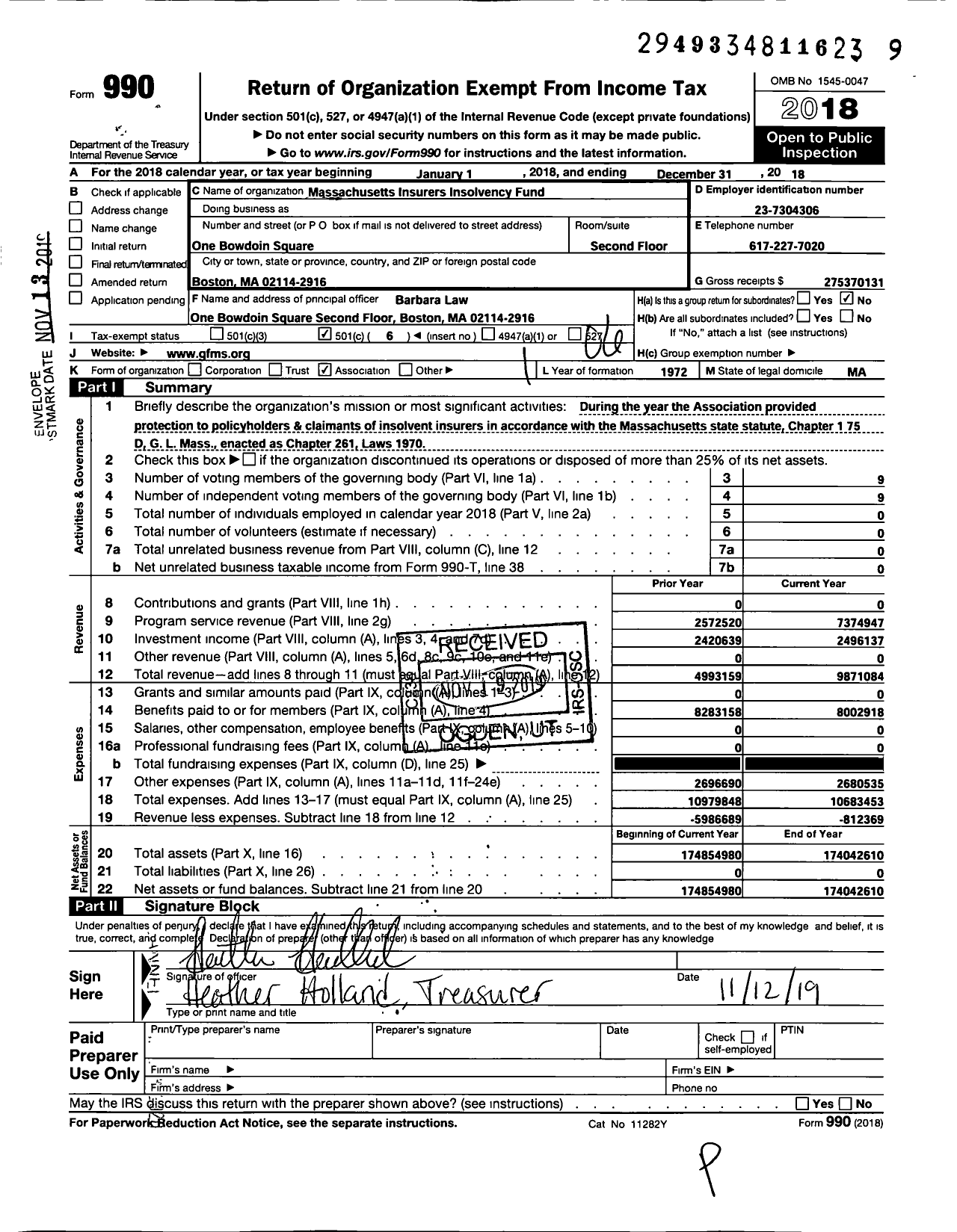 Image of first page of 2018 Form 990O for Massachusetts Insurers Insolvency Fund (GFMS)