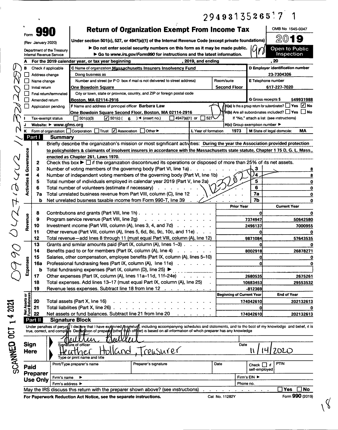 Image of first page of 2019 Form 990O for Massachusetts Insurers Insolvency Fund (GFMS)