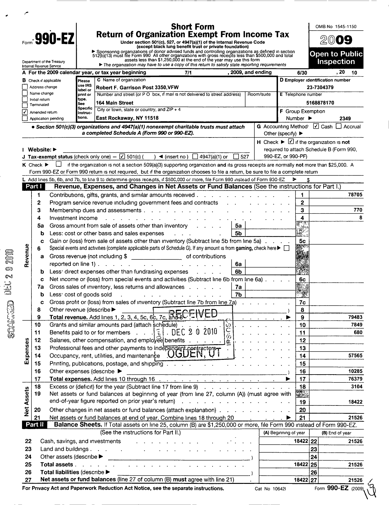 Image of first page of 2009 Form 990EO for Department of Ny VFW - 3350 Vfw-Ny Robert F Garrison