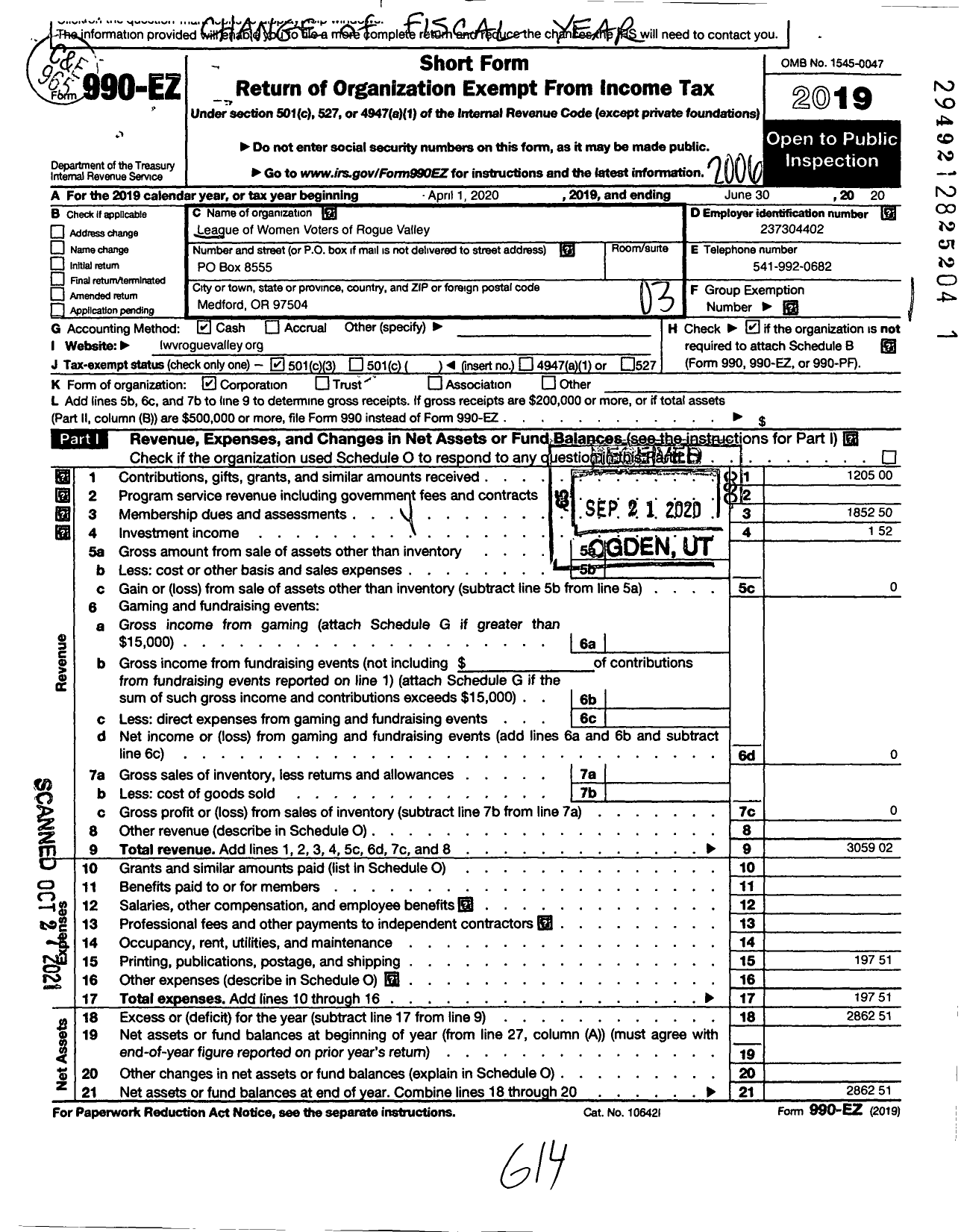 Image of first page of 2019 Form 990EZ for League of Women Voters of Rogue Valley