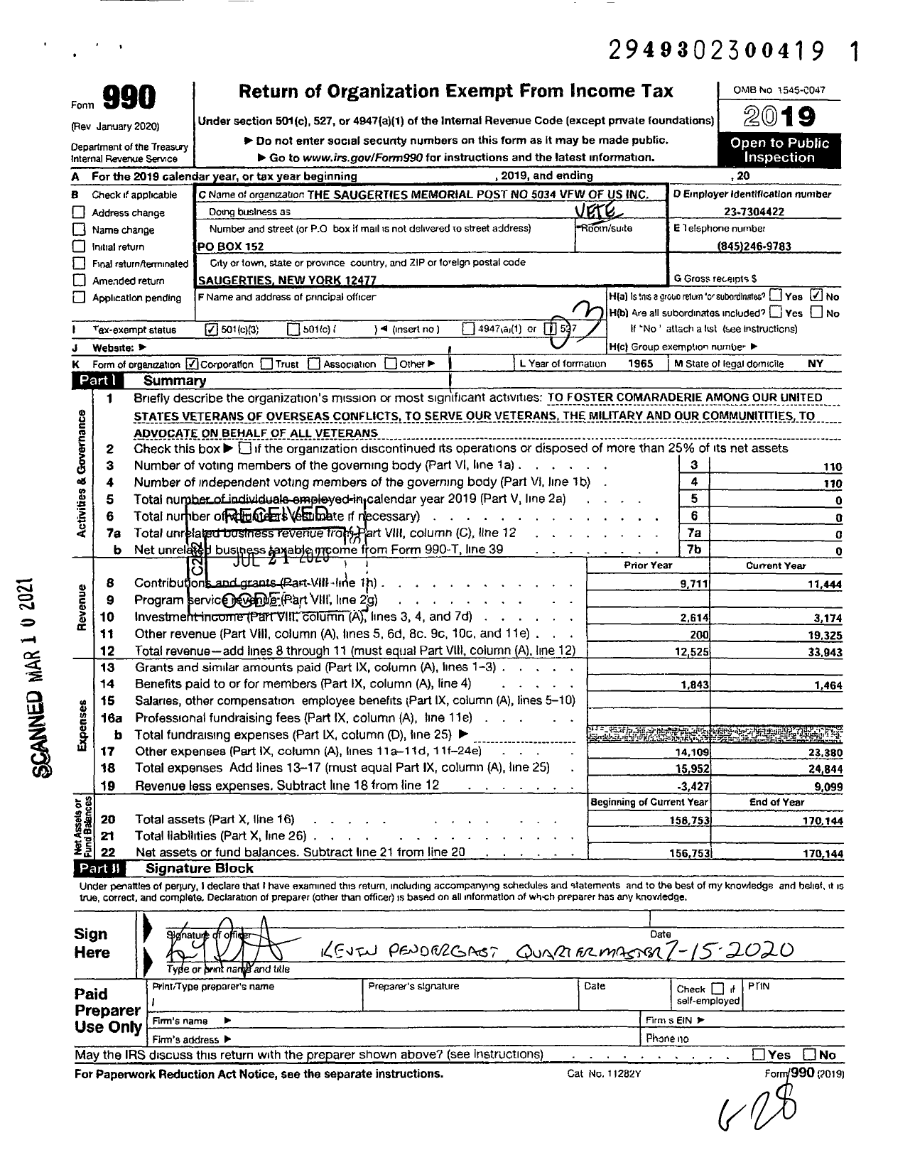 Image of first page of 2019 Form 990 for The Saugerties Memorial Post No 5034 VFW of Us