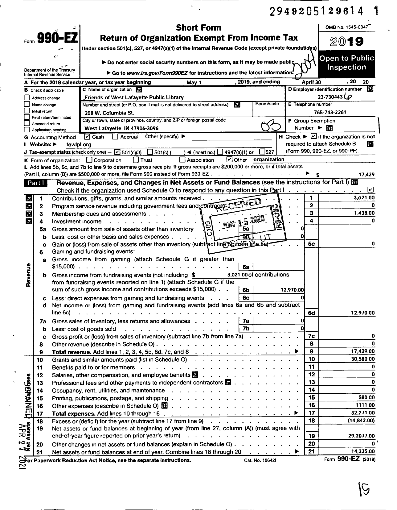 Image of first page of 2019 Form 990EZ for Friends of the West Lafayette Public Library