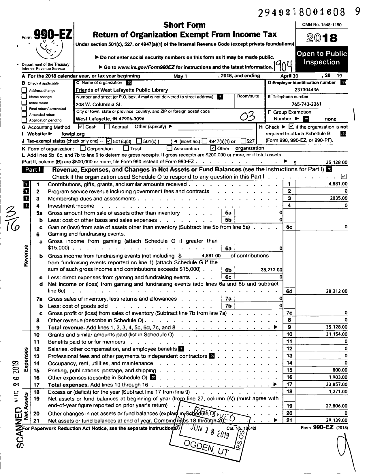 Image of first page of 2018 Form 990EZ for Friends of the West Lafayette Public Library