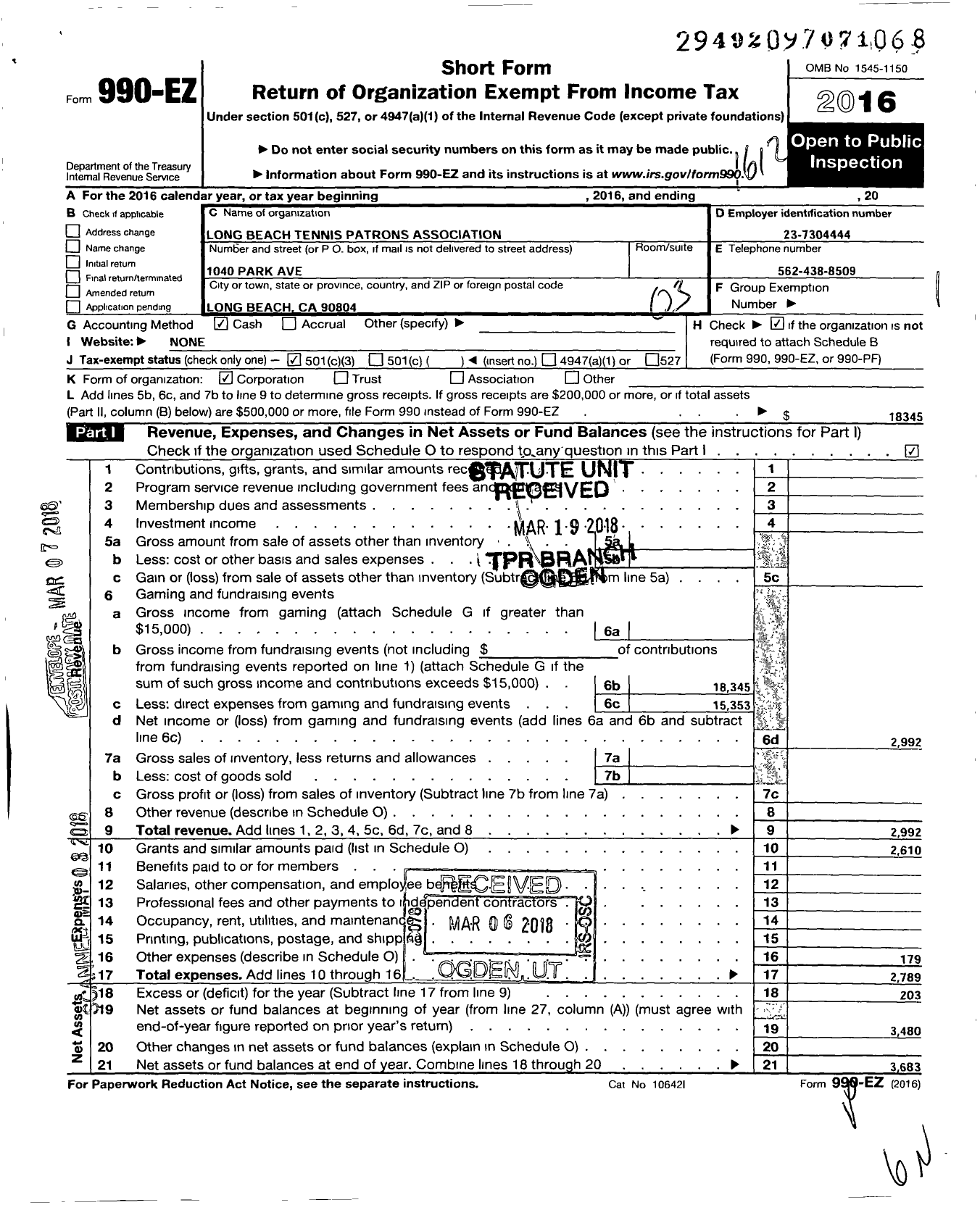 Image of first page of 2016 Form 990EZ for Long Beach Tennis Patrons Association James L Milner