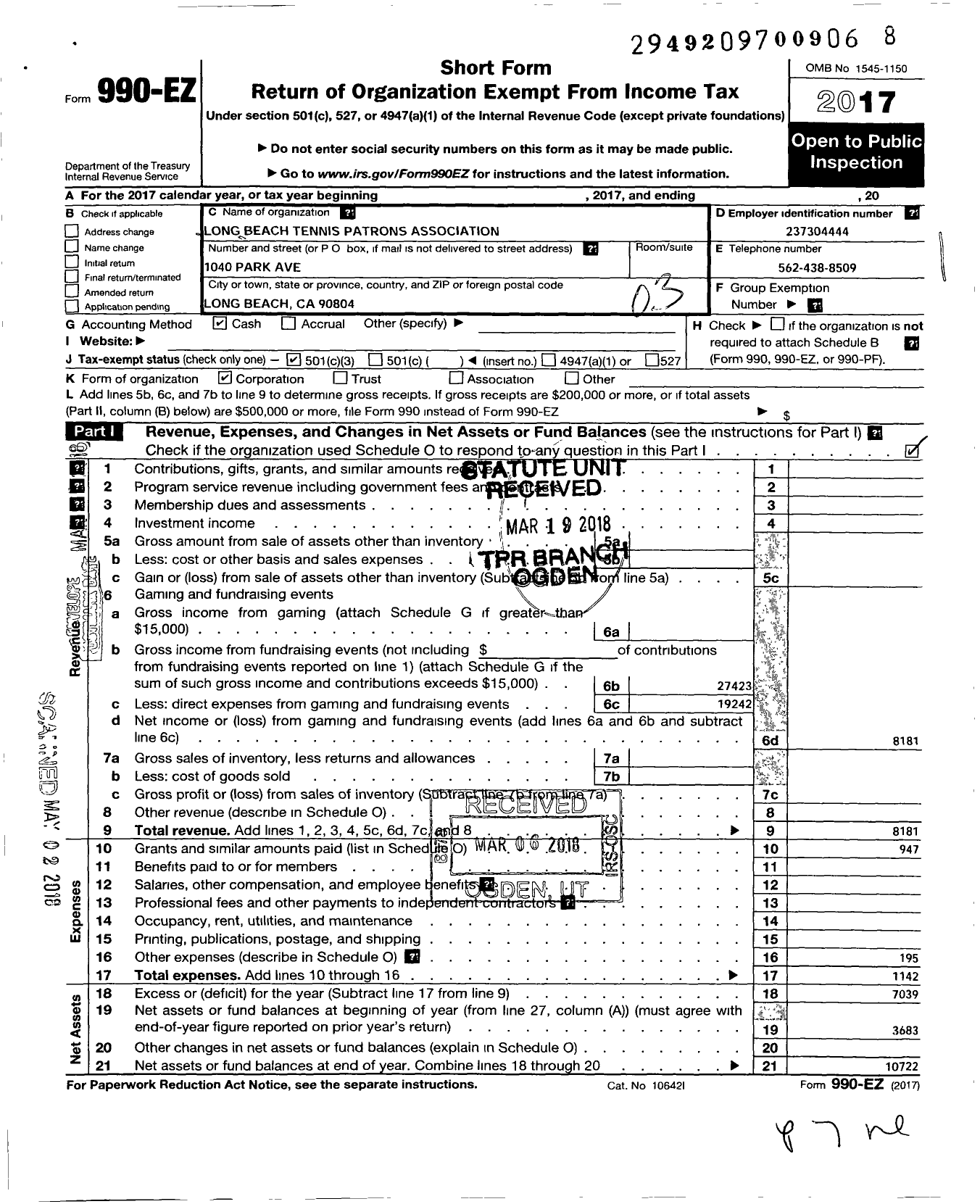 Image of first page of 2017 Form 990EZ for Long Beach Tennis Patrons Association James L Milner