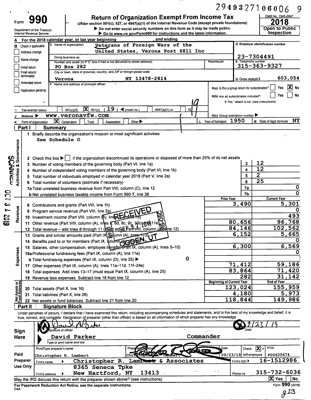 Image of first page of 2018 Form 990O for Department of Ny VFW - Nelson T Dodge