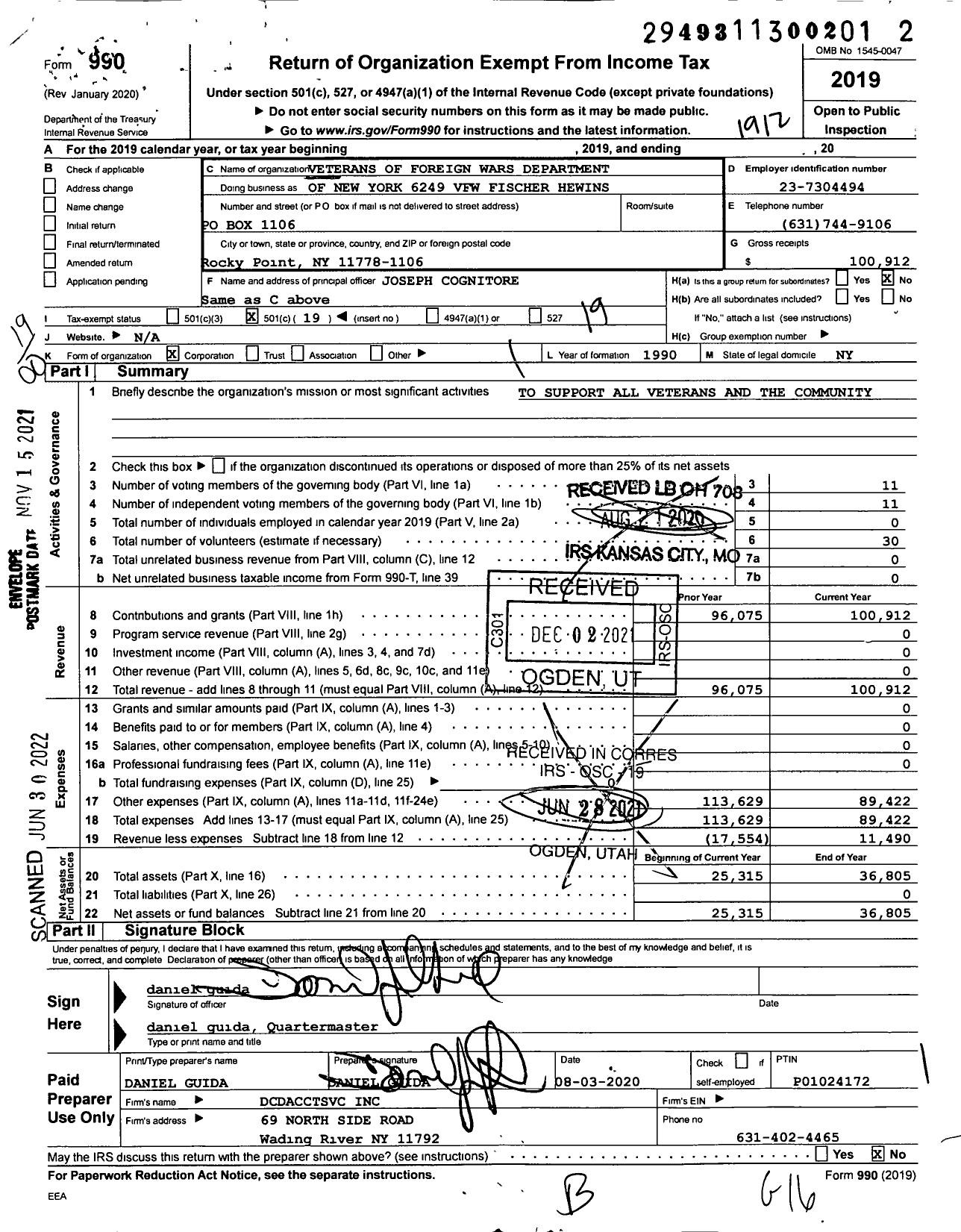 Image of first page of 2019 Form 990O for Department of Ny VFW - 6249 Vfw-Ny Fischer-Hewins