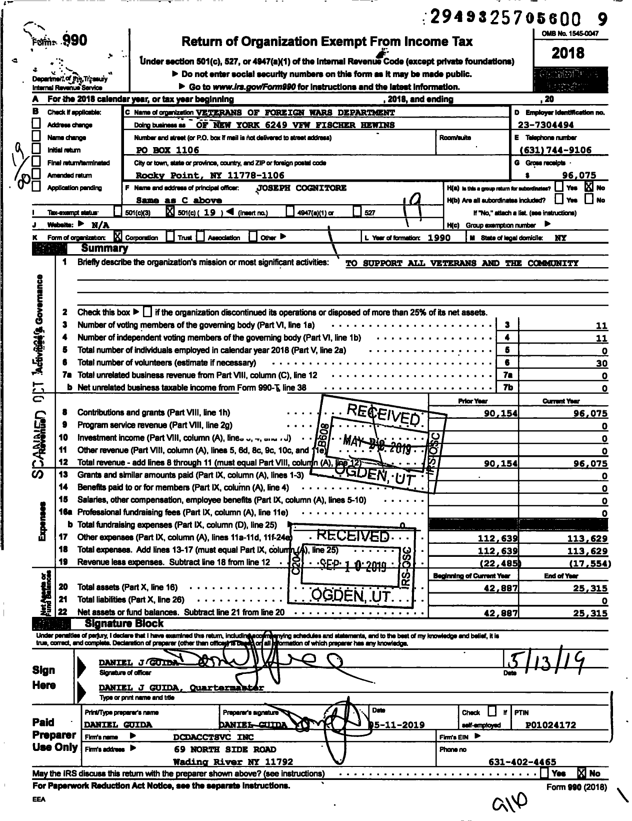 Image of first page of 2018 Form 990O for Department of Ny VFW - 6249 Vfw-Ny Fischer-Hewins