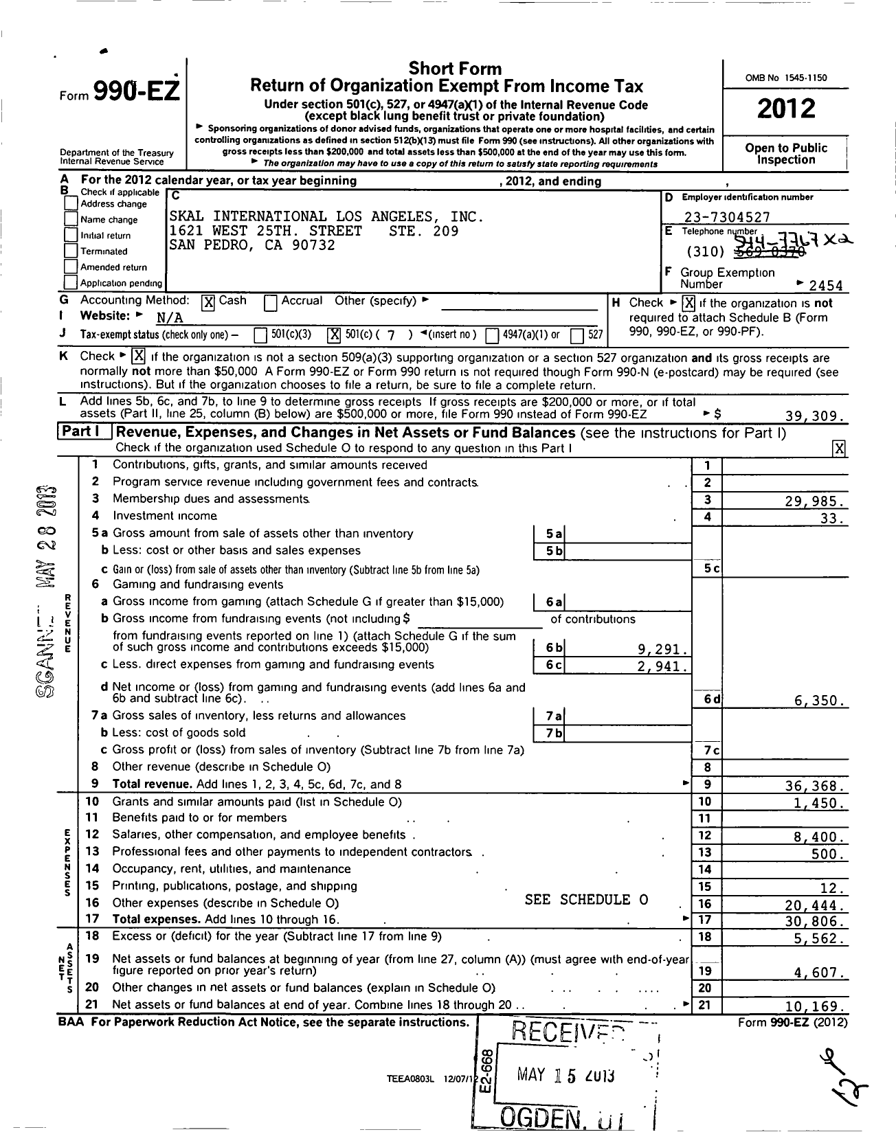 Image of first page of 2012 Form 990EO for Skal International Los Angeles