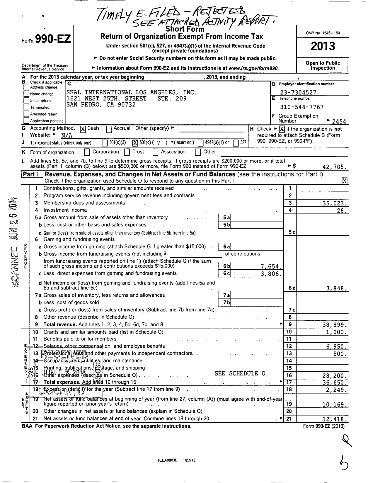 Image of first page of 2013 Form 990EO for Skal International Los Angeles