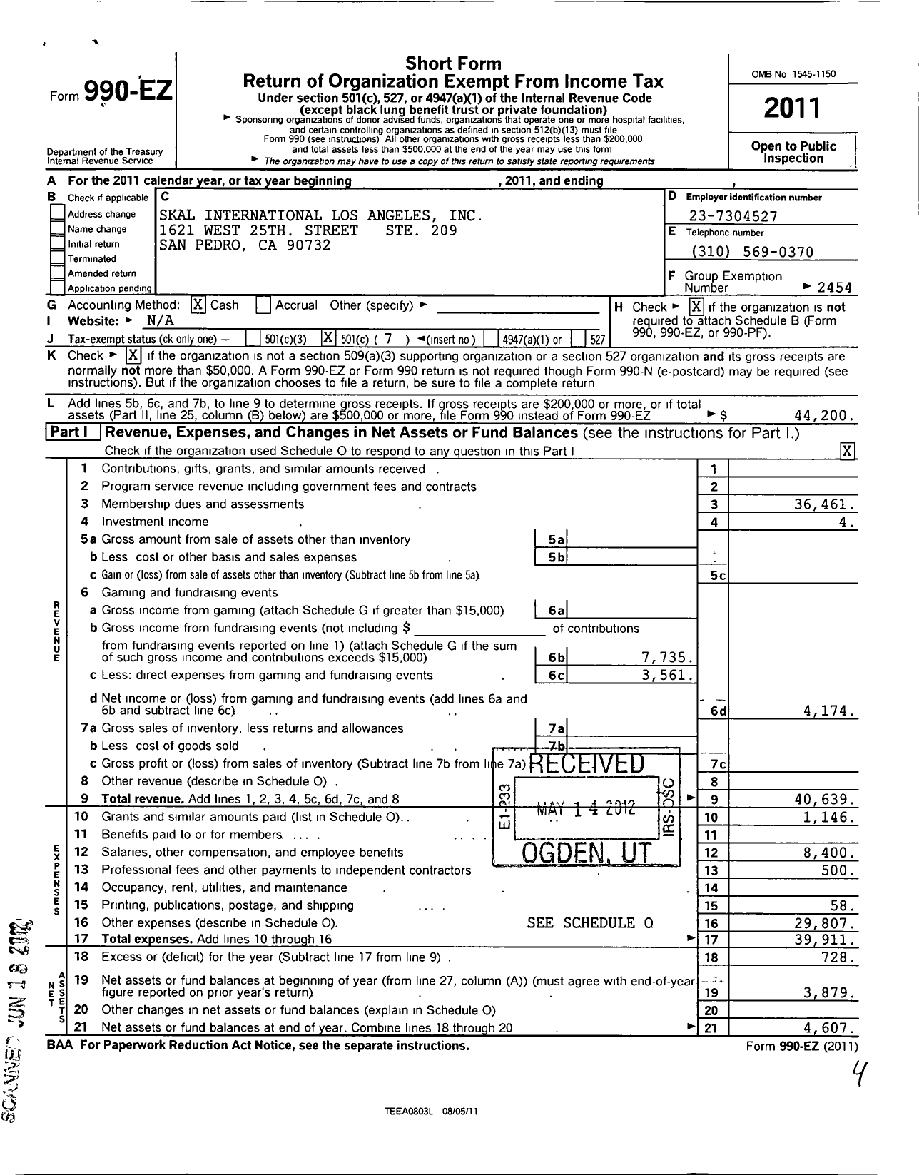 Image of first page of 2011 Form 990EO for Skal International Los Angeles