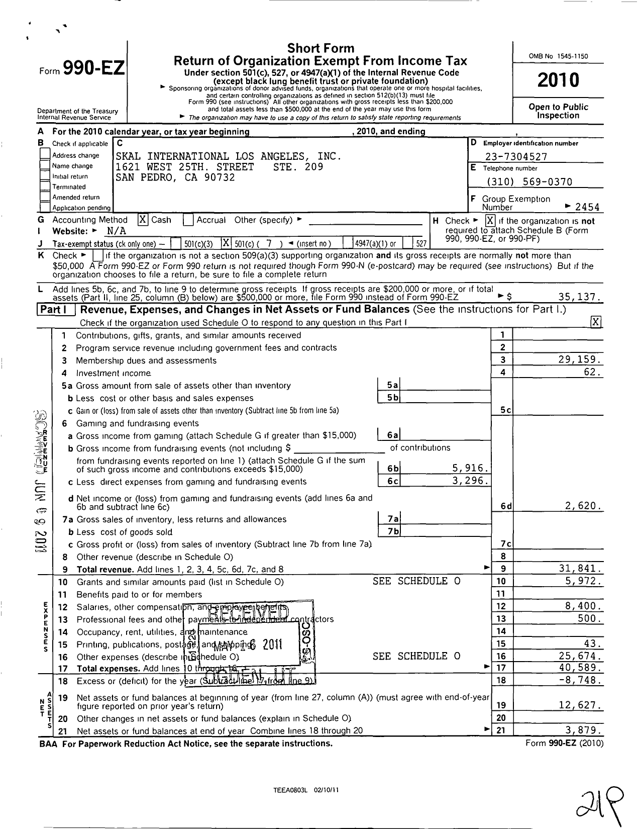 Image of first page of 2010 Form 990EO for Skal International Los Angeles