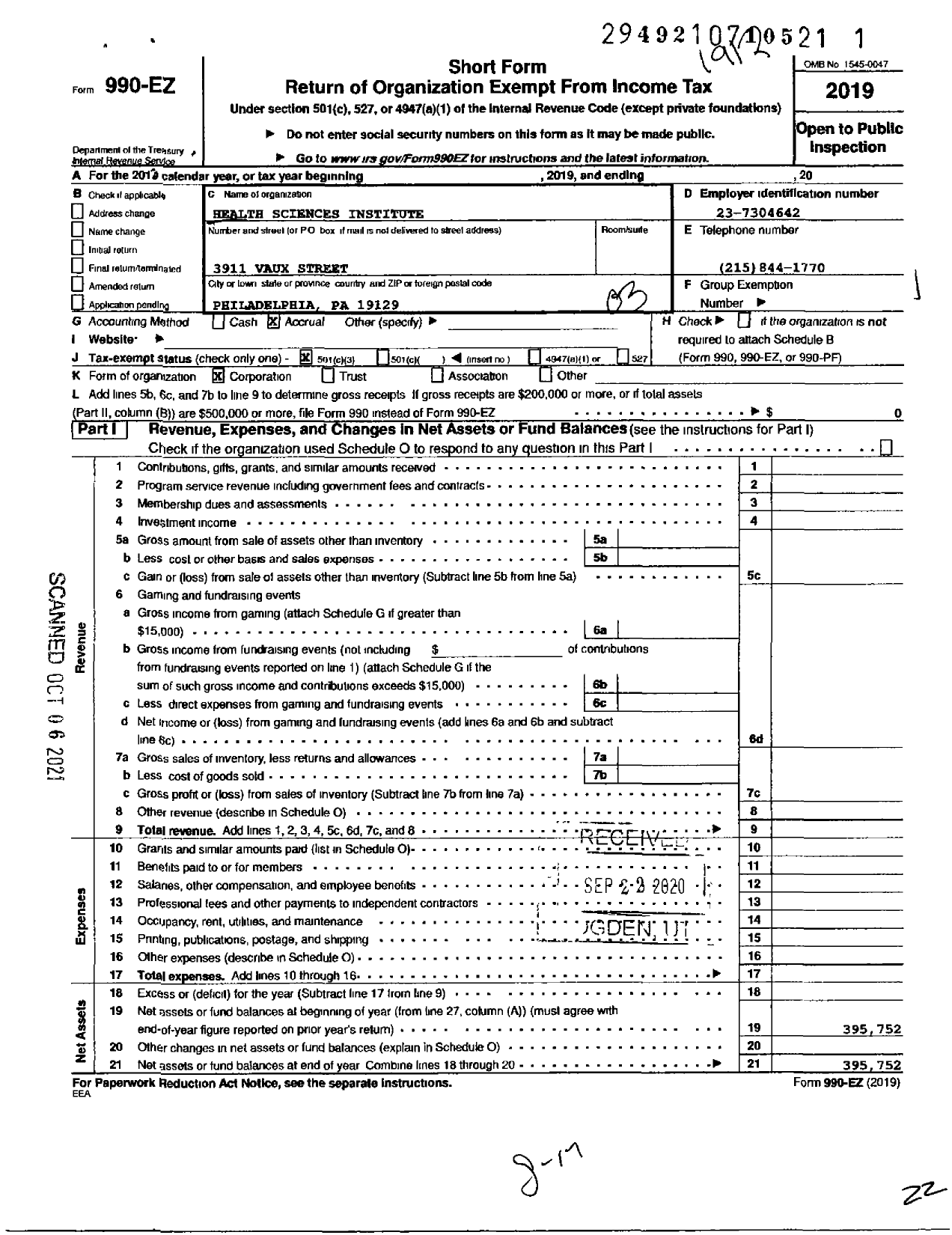 Image of first page of 2019 Form 990EZ for Health Sciences Institute